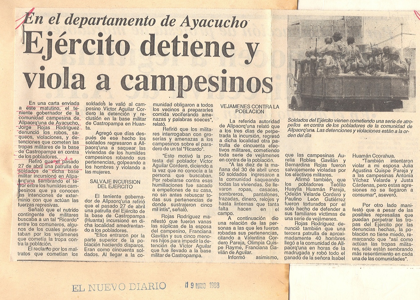 En el departamento de Ayacucho. Ejército detiene y viola a campesinos