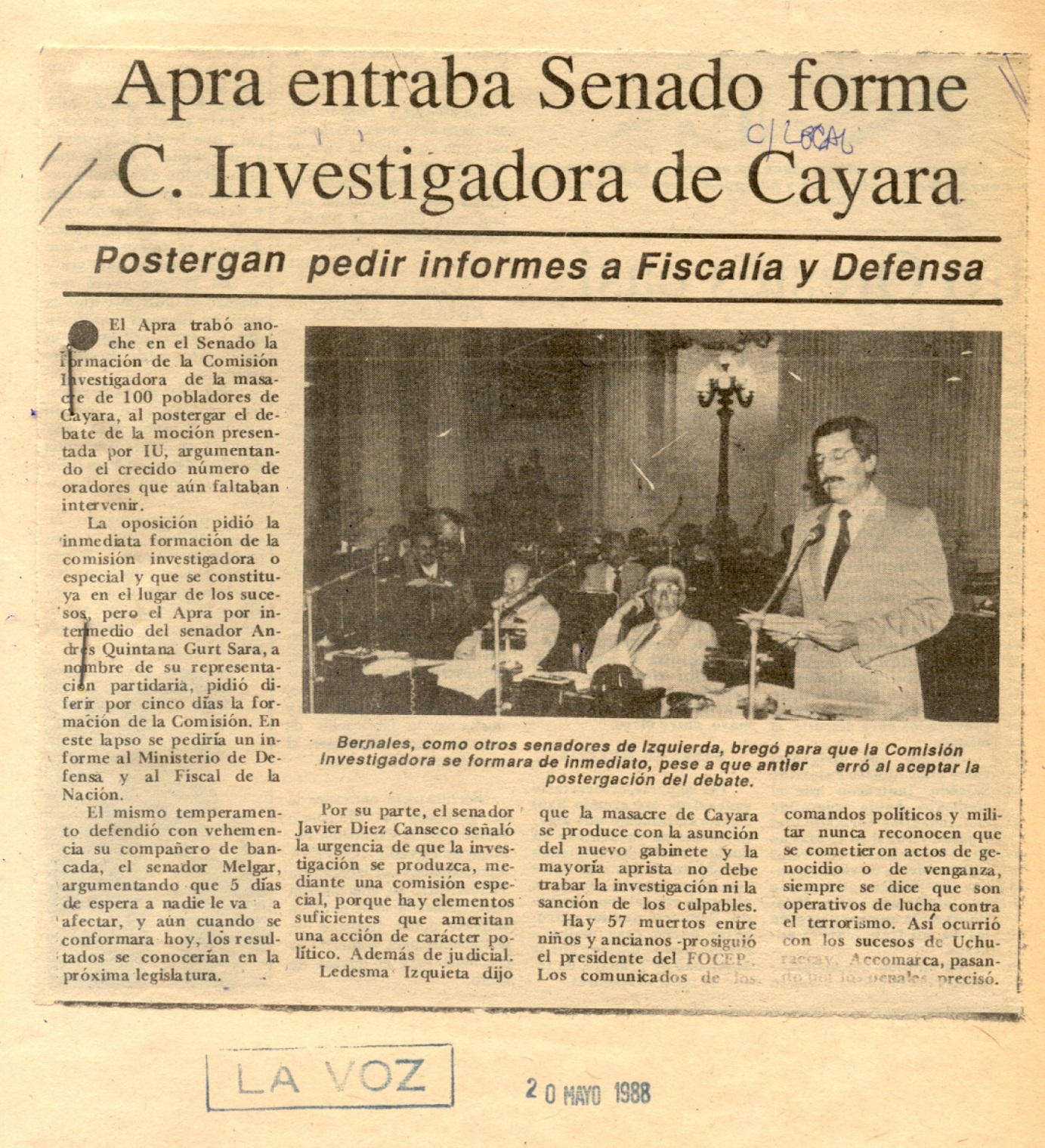 Apra entraba Senado forme C. Investigadora de Cayara