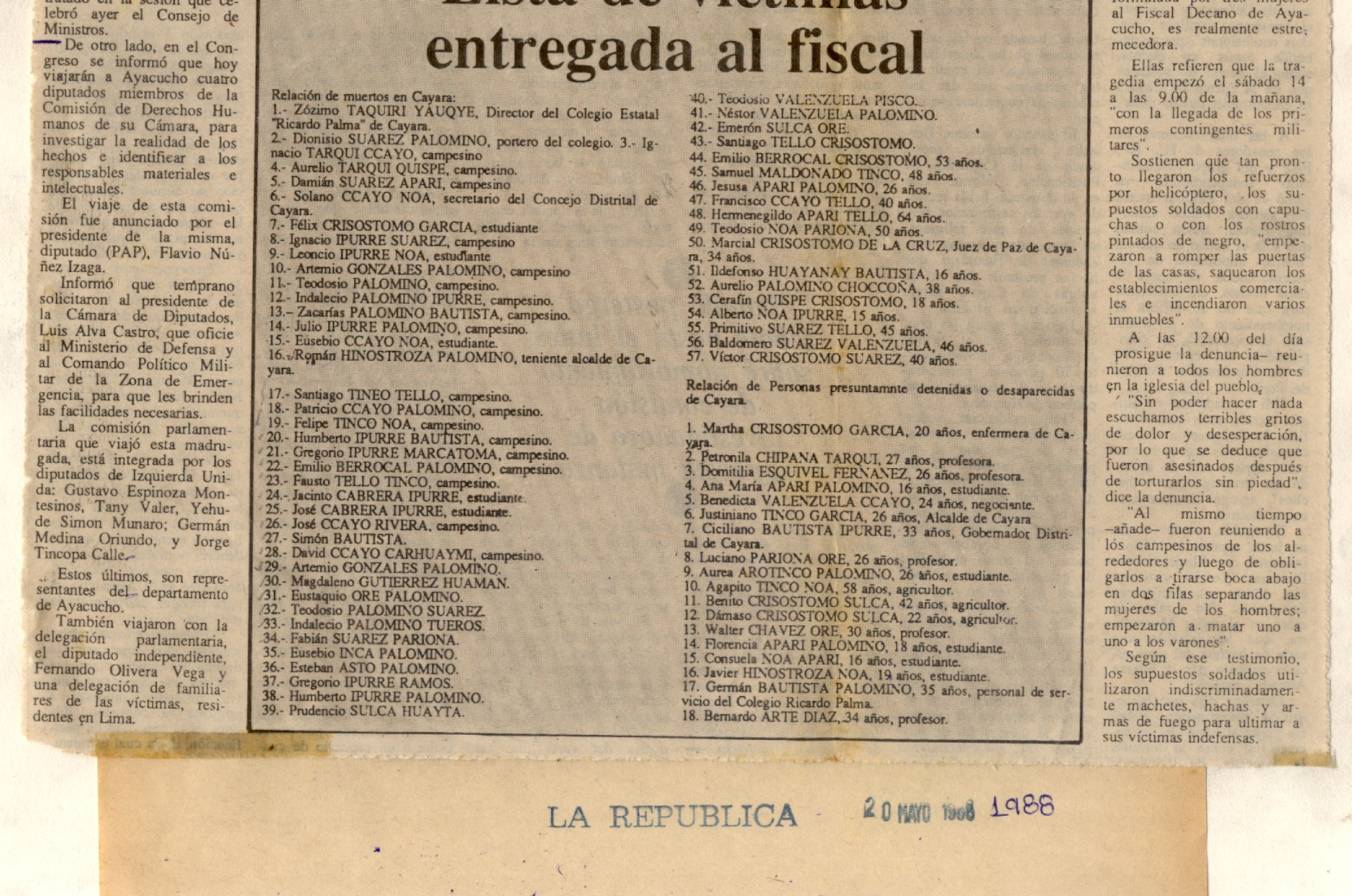 Lista de víctimas entregada al fiscal