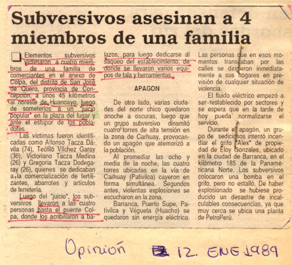 Subversivos asesinan a 4 miembros de una familia