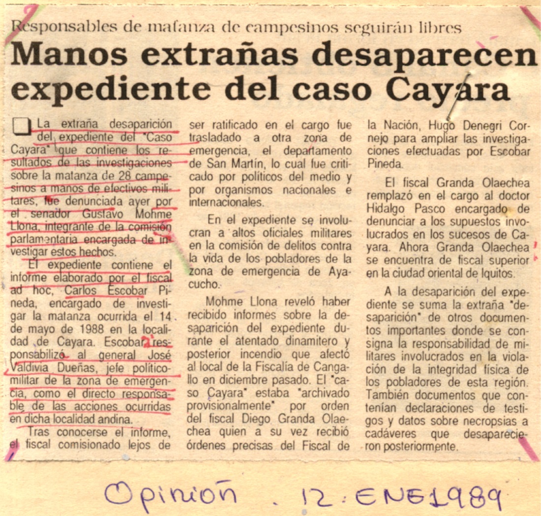 Manos extrañas desparecen expediente del caso Cayara