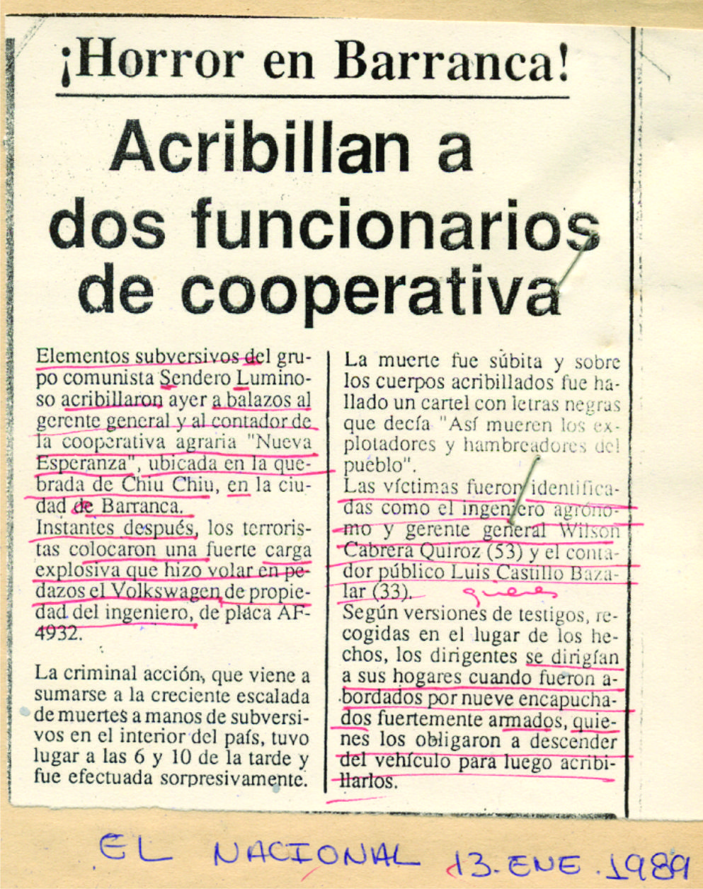 Acribillan a dos funcionarios de cooperativa