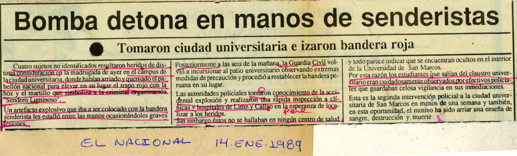 Bomba detona en manos de senderistas