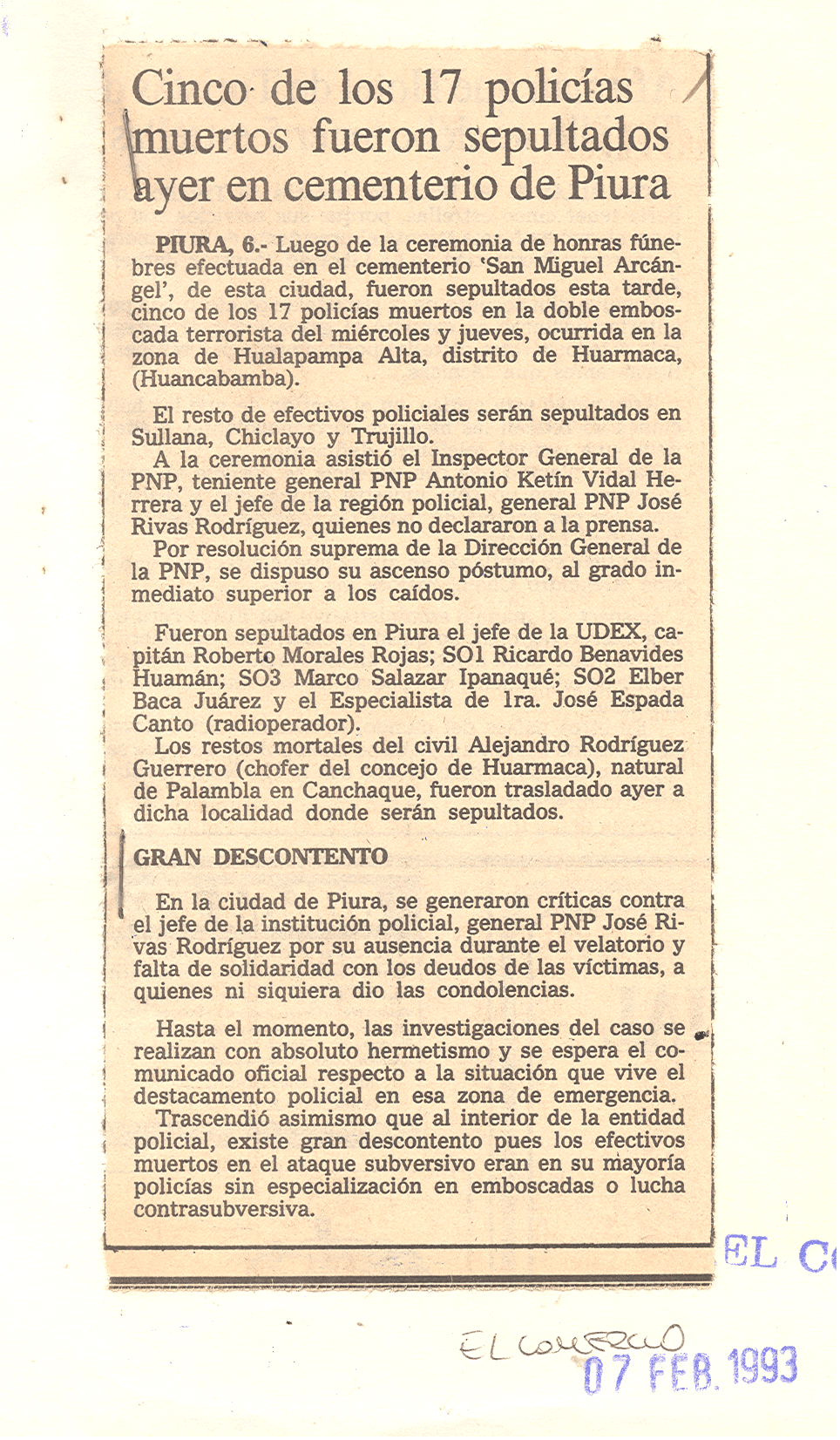Cinco de 17 policías fueron sepultados ayer en cementerio de Piura