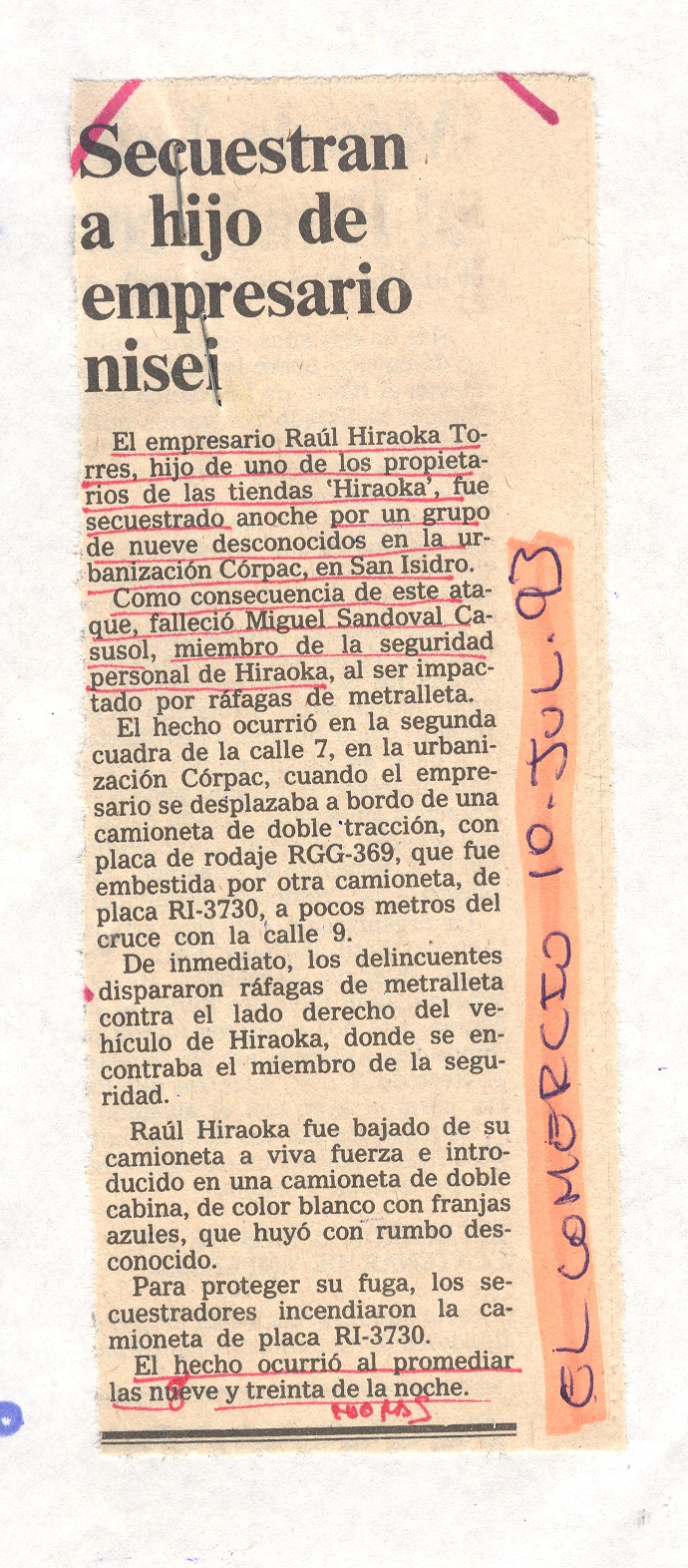 SECUESTRAN A HIJO DE EMPRESARIO HIRAOKA