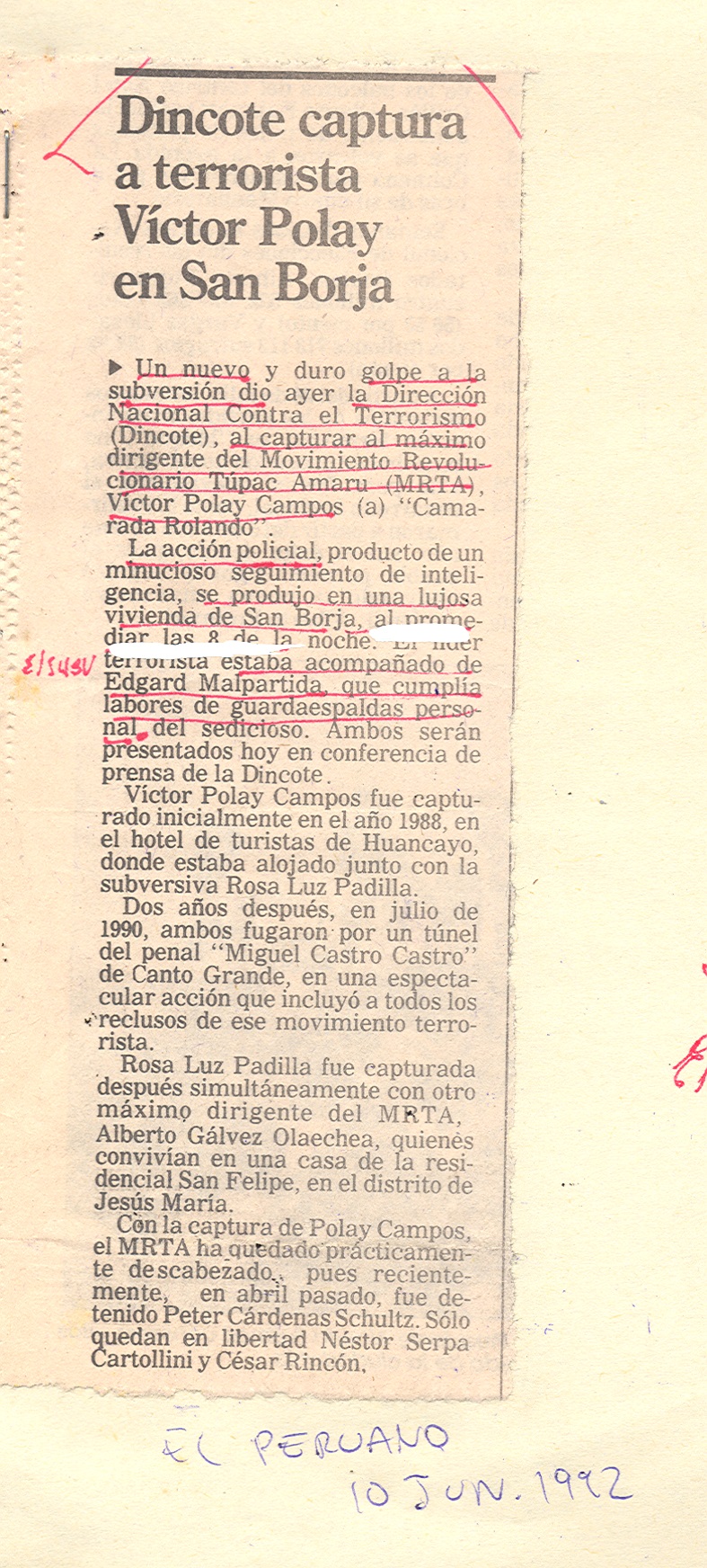 10 JUNIO DINCOTE CAPTURA A TERRORISTA POLAY