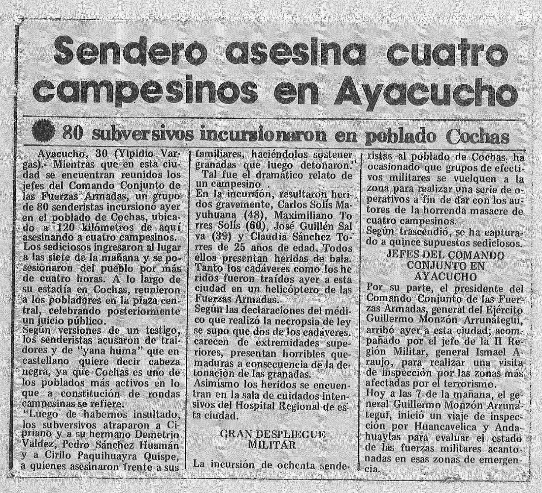 Sendero asesina cuatro campesinos en Ayacucho
