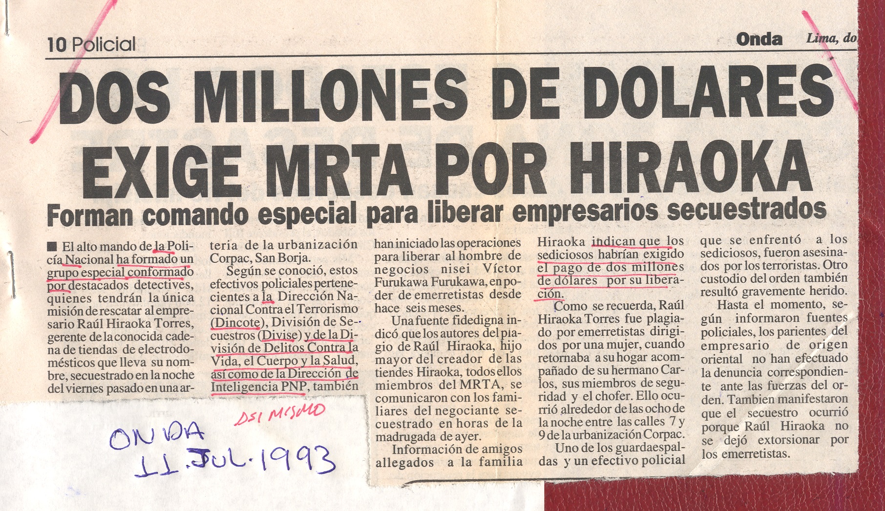 DOS MILLONES DE DOLARES EXIGE MRTA POR HIRAOKA