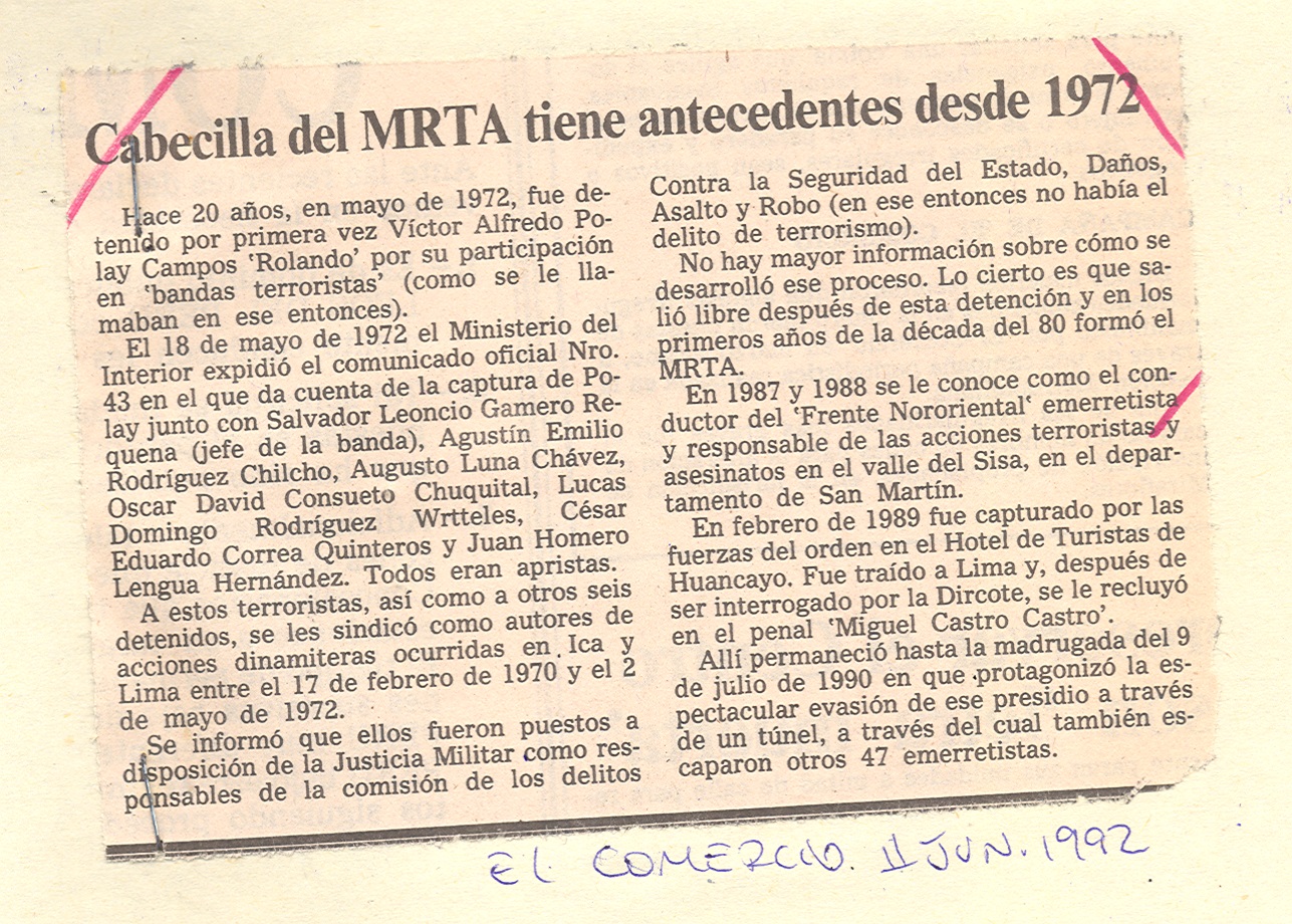 11 JUNIO CABECILLA DEL MRTA TIENE ANTECEDENTES DESDE 1972