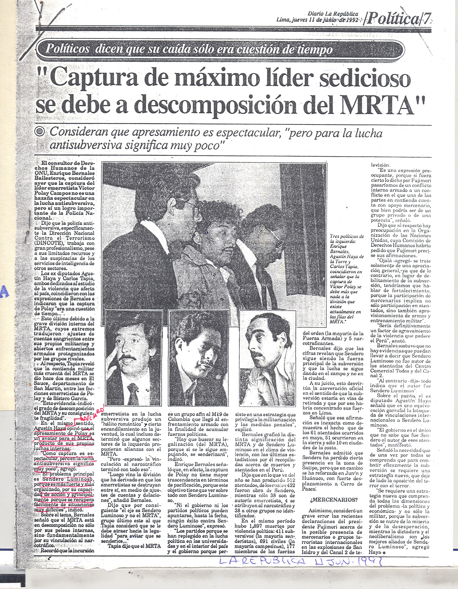 11 JUNIO CAPTURA DE MAXIMO LIDER SEDICIOSO MRTA