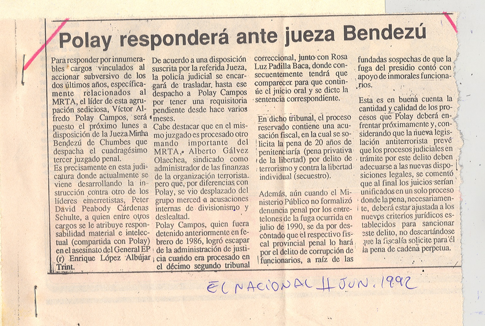 11 JUNIO POLAY RESPONDERÁ ANTE JUEZA BENDEZU