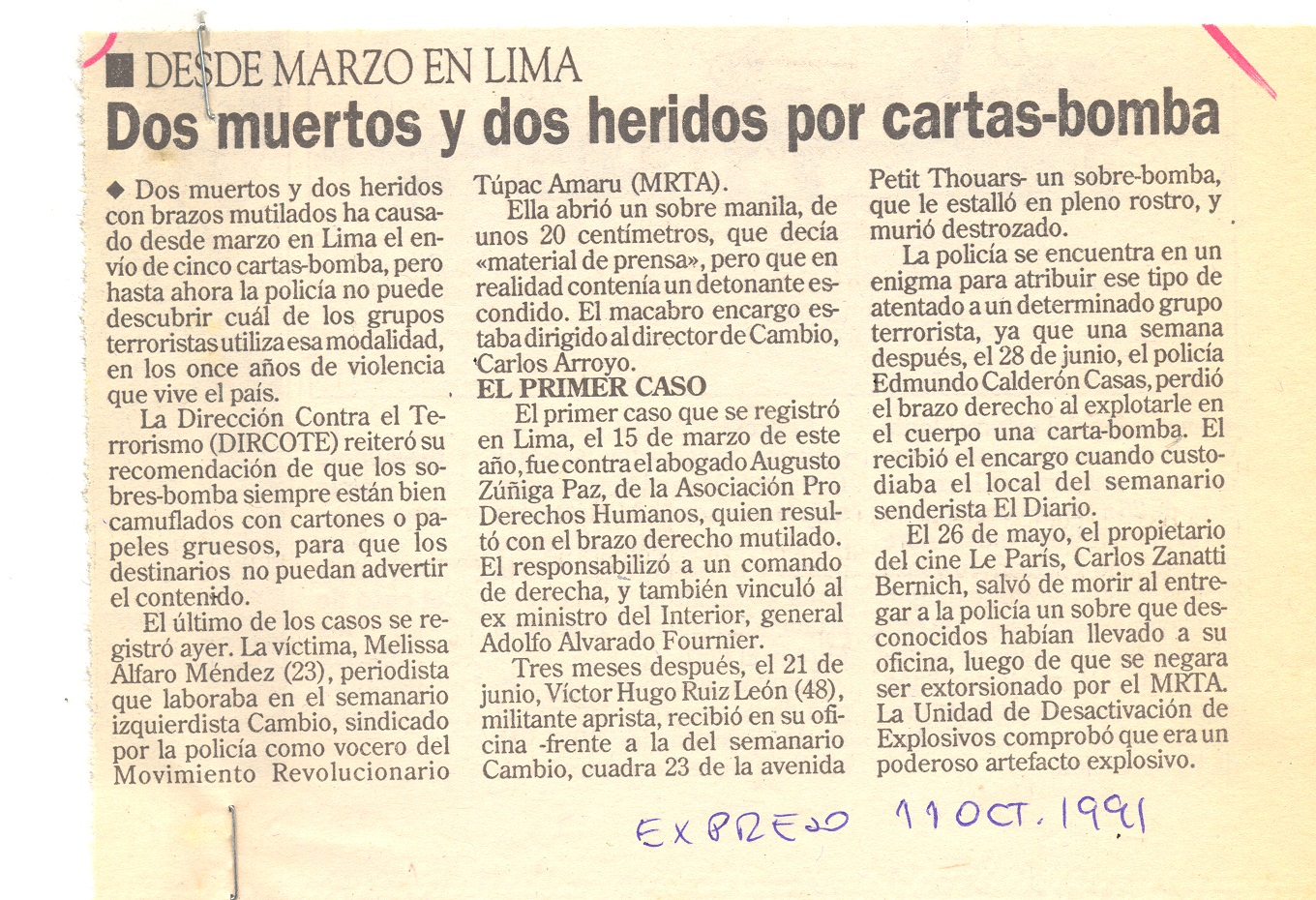 Dos muertos y dos heridos por carta bomba