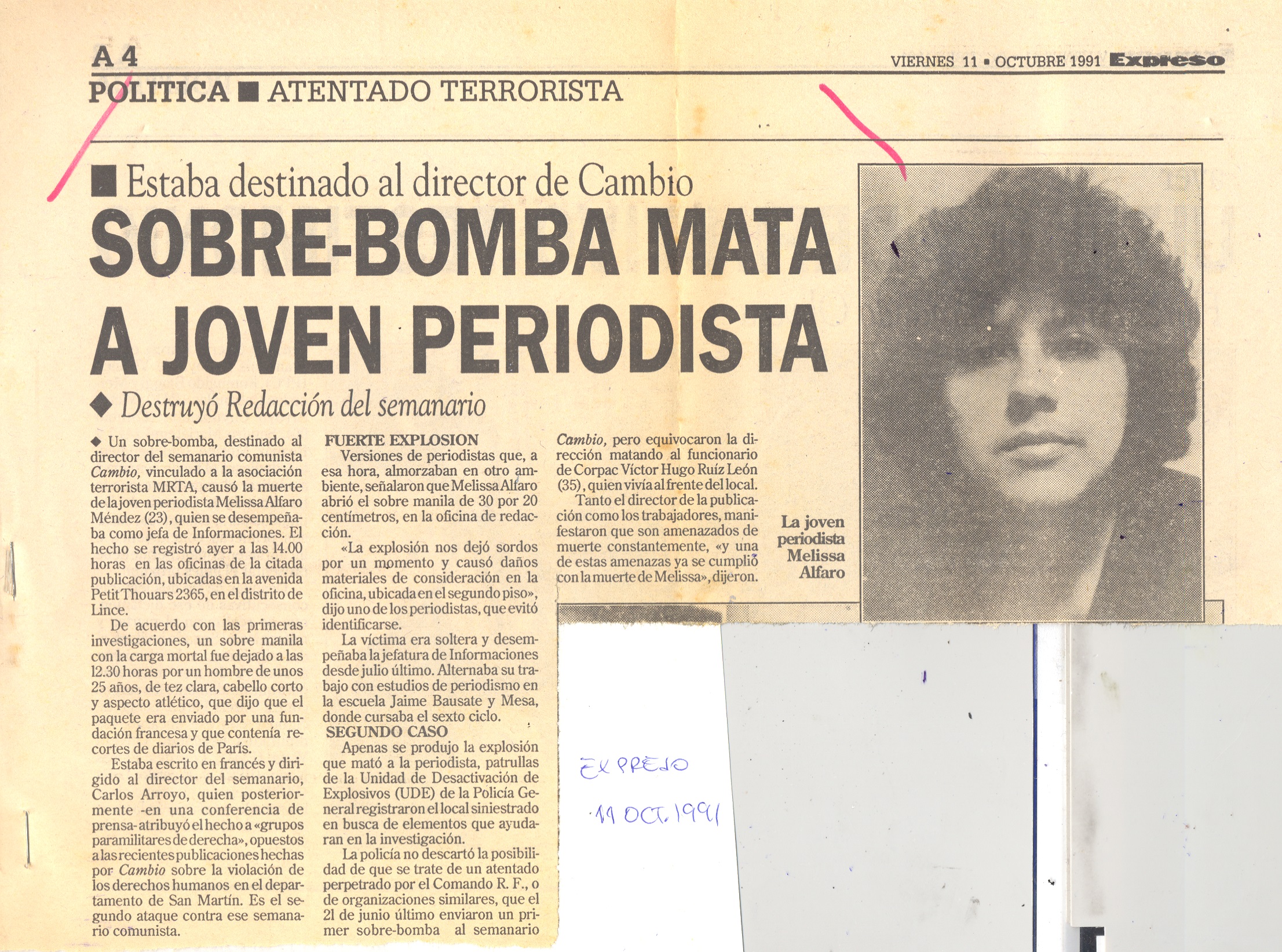 Sobre bomba mata a joven periodista