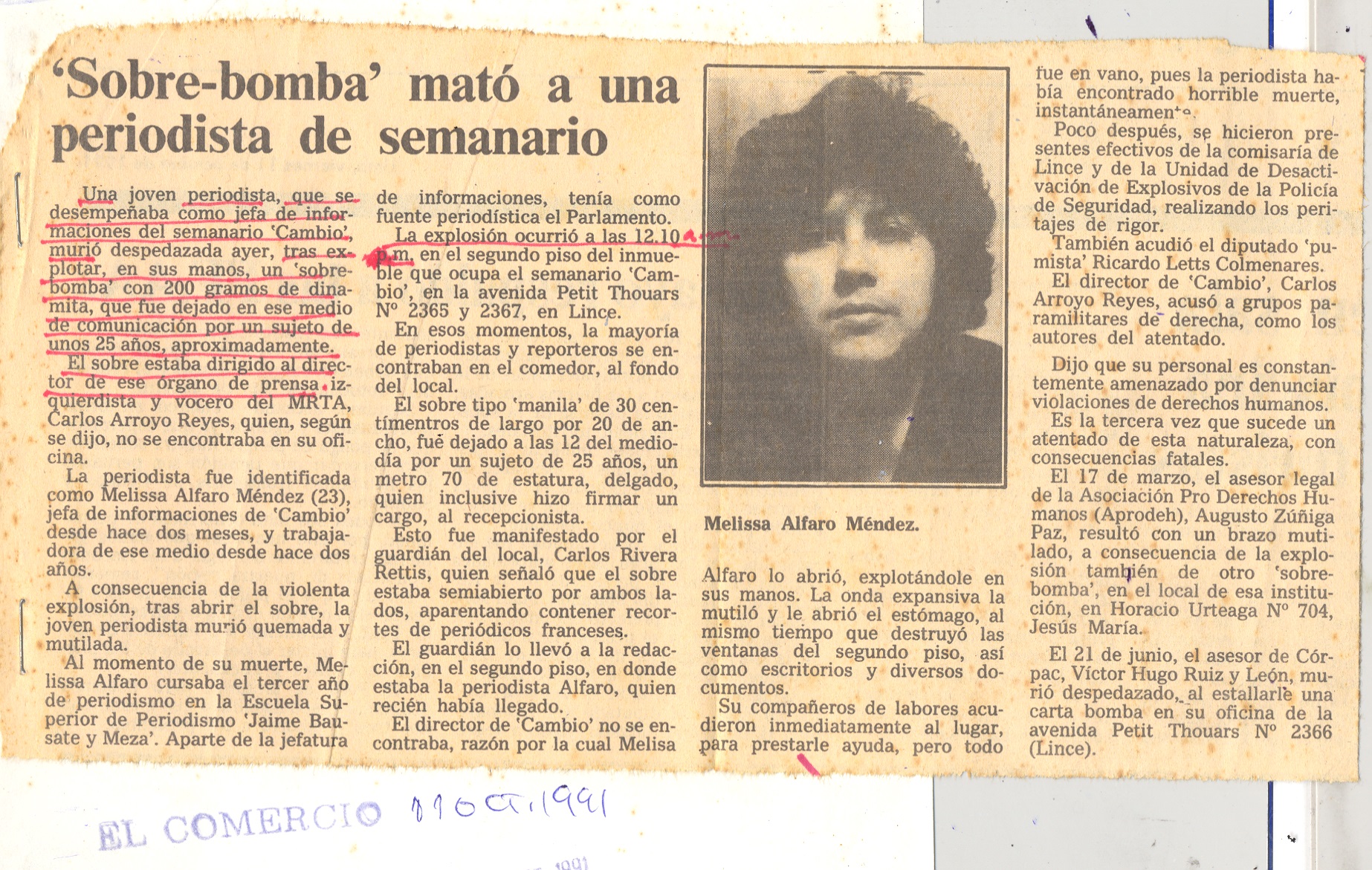 Sobre bomba mato a una periodista
