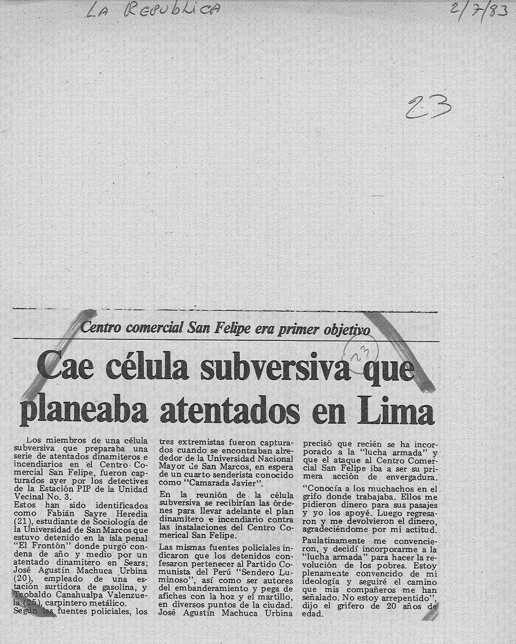 Cae célula subversiva que planeaba atentados en Lima