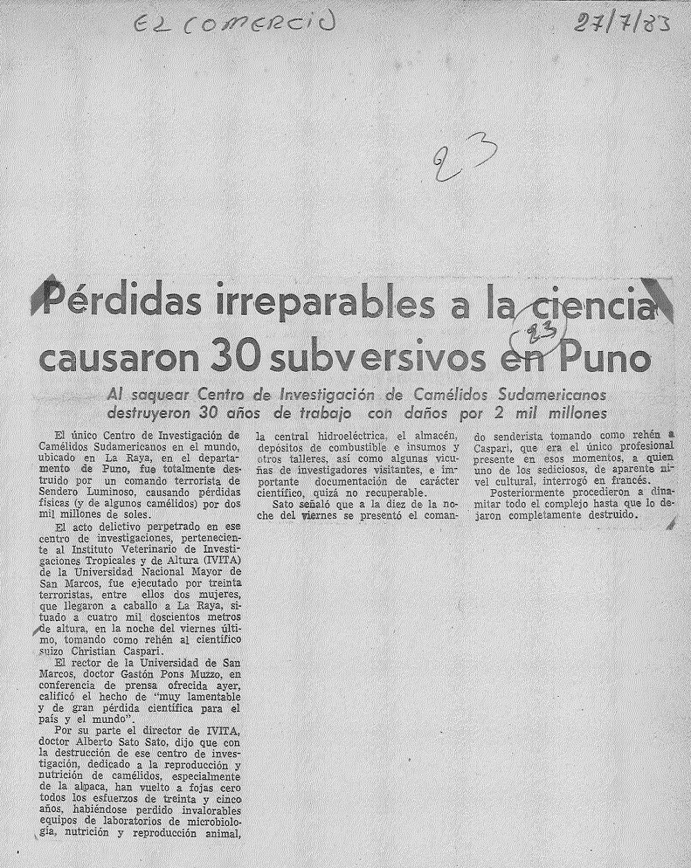 Pérdidas irreparables a la ciencia causaron 30 subversivos en Puno