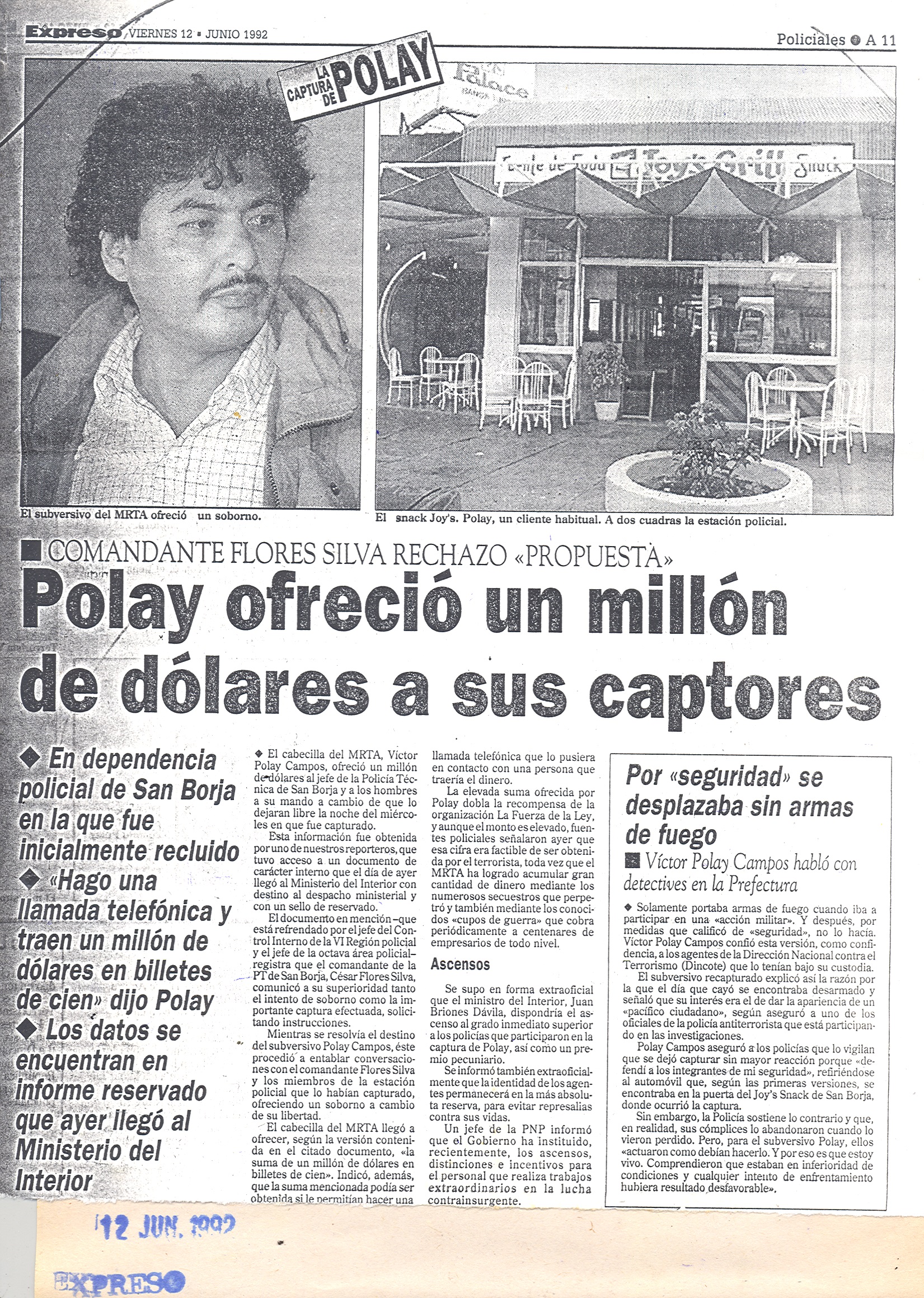 12 JUNIO POLAY OFRECIÓ UN MILLON DE DOLARES A SUS CAPTORES