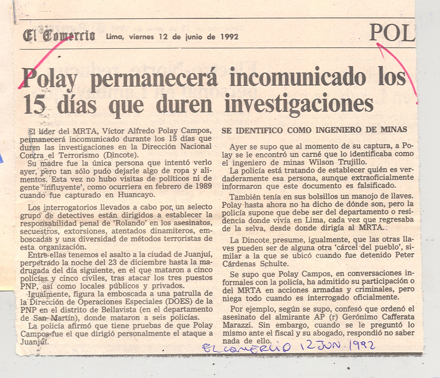 12 JUNIO POLAY PERMANECERÁ INCOMUNICADO