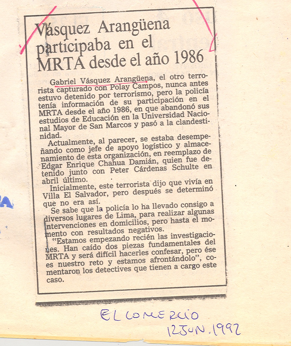 12 JUNIO VÁSQUEZ ARANGUENA PARTICIPABA EN EL MRTA 1986
