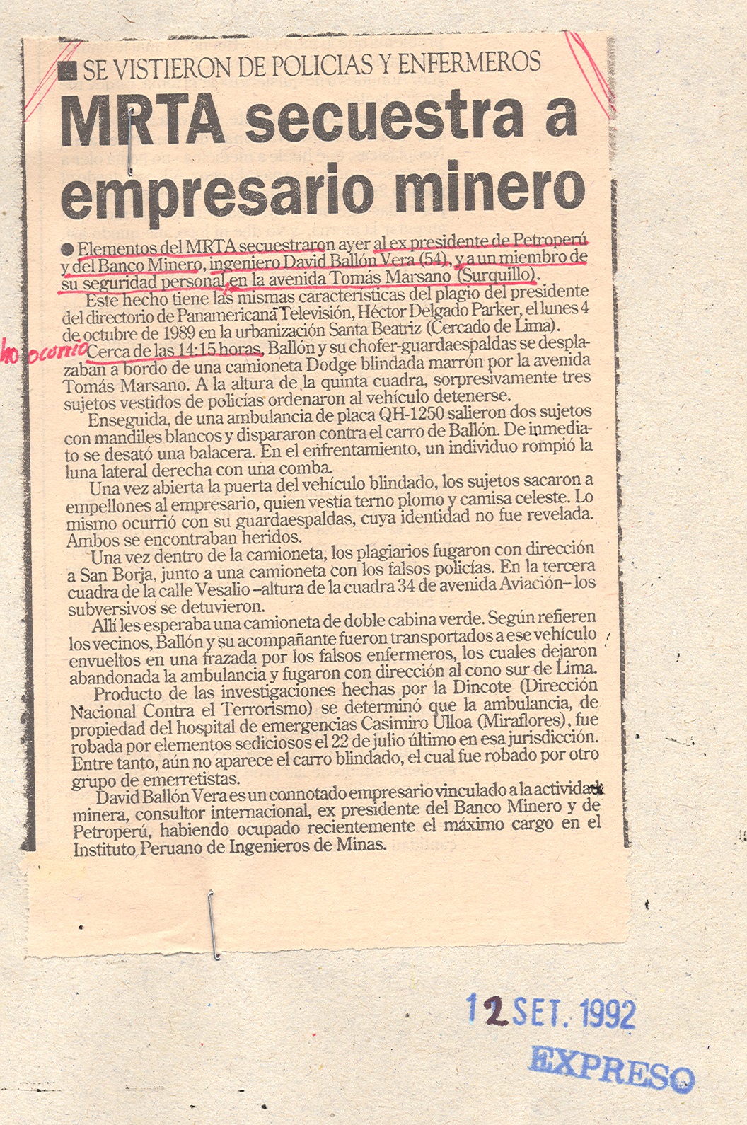 1992 MRTA SECUESTRA A EMPRESARIO MINERO