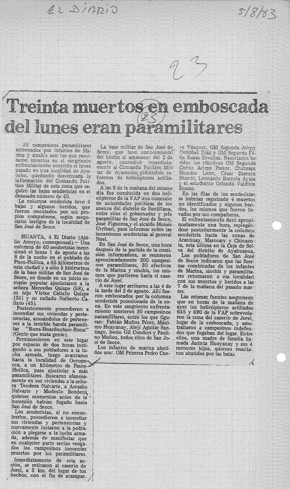 Treinta muertos en emboscada del lunes eran paramilitares