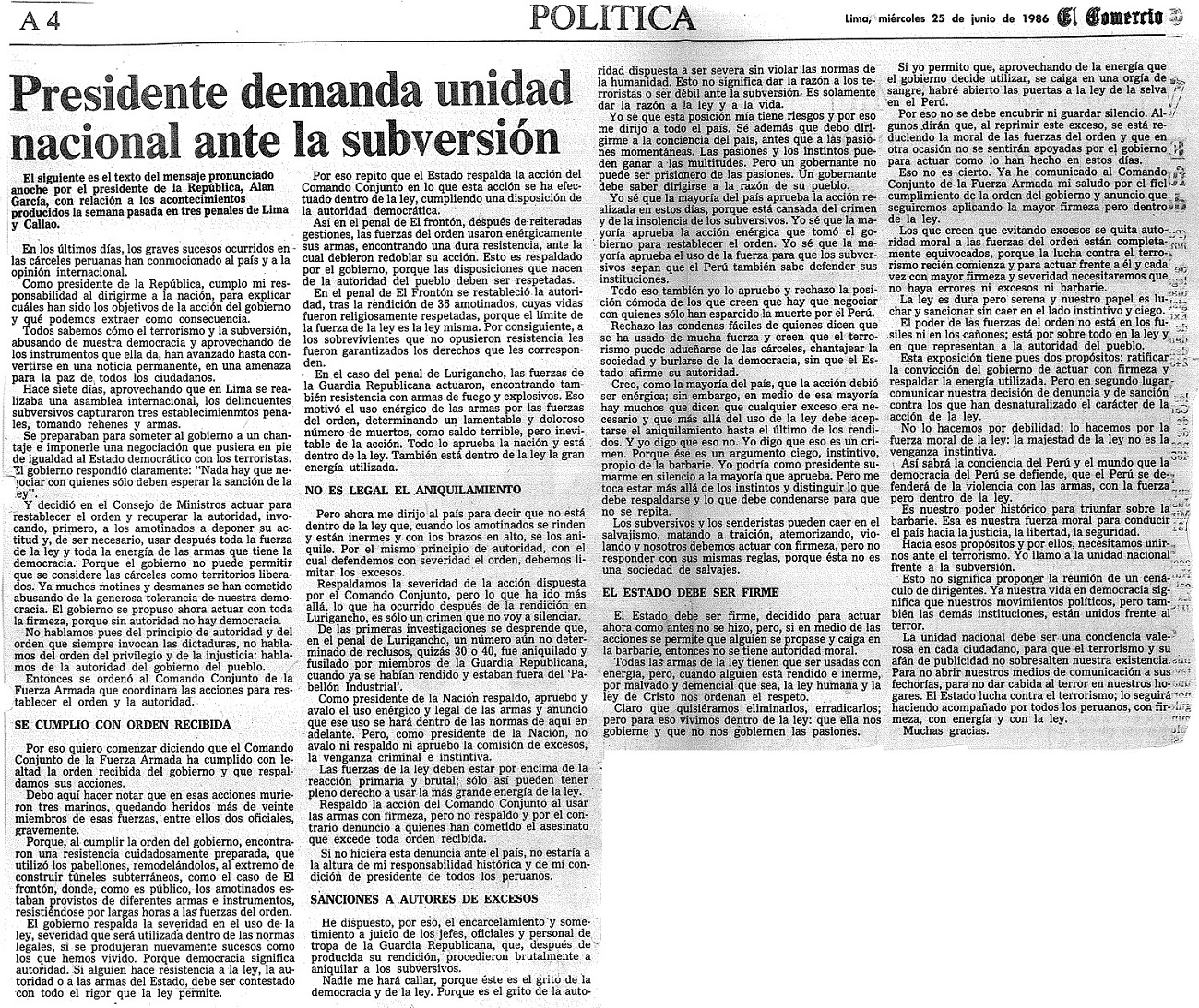 Presidente demanda unidad nacional ante la subversión