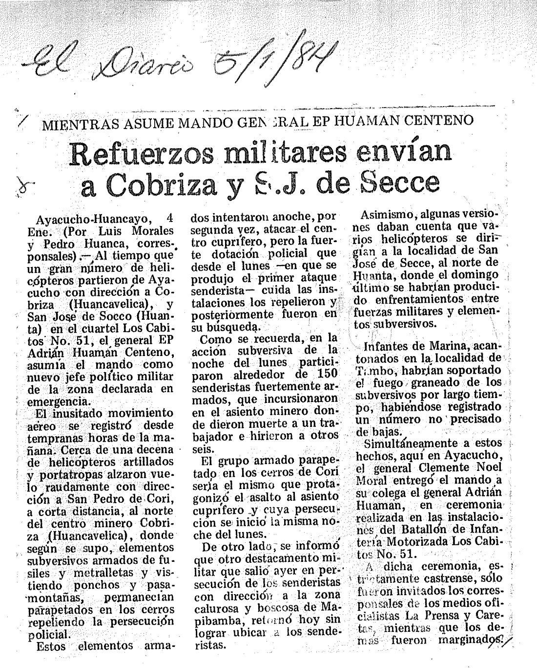 Refuerzos militares envían a Cobriza y S.J. de Secce