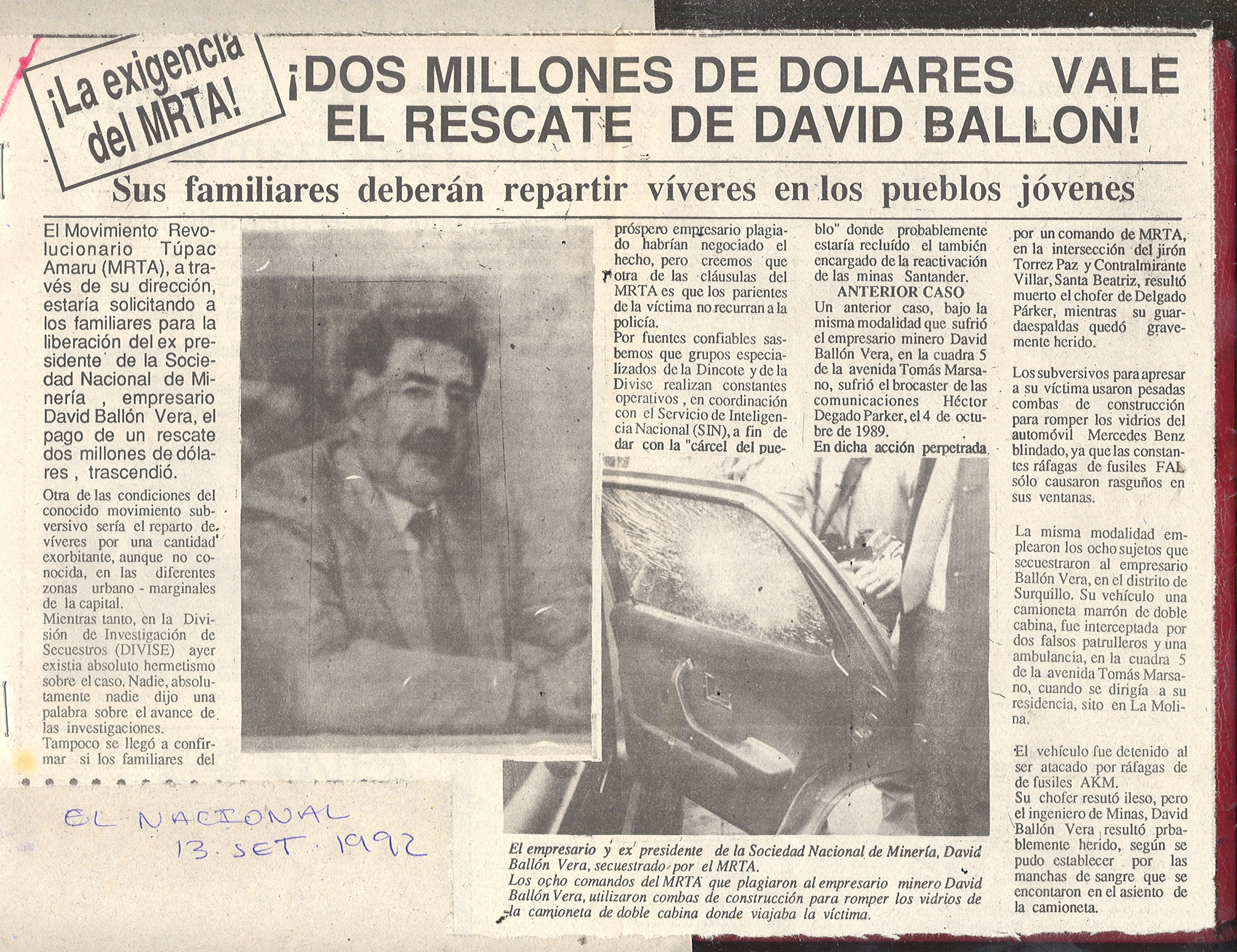 1992 DOS MILLONES DE DOLARES VALE EL RESCATE DE BALLÓN