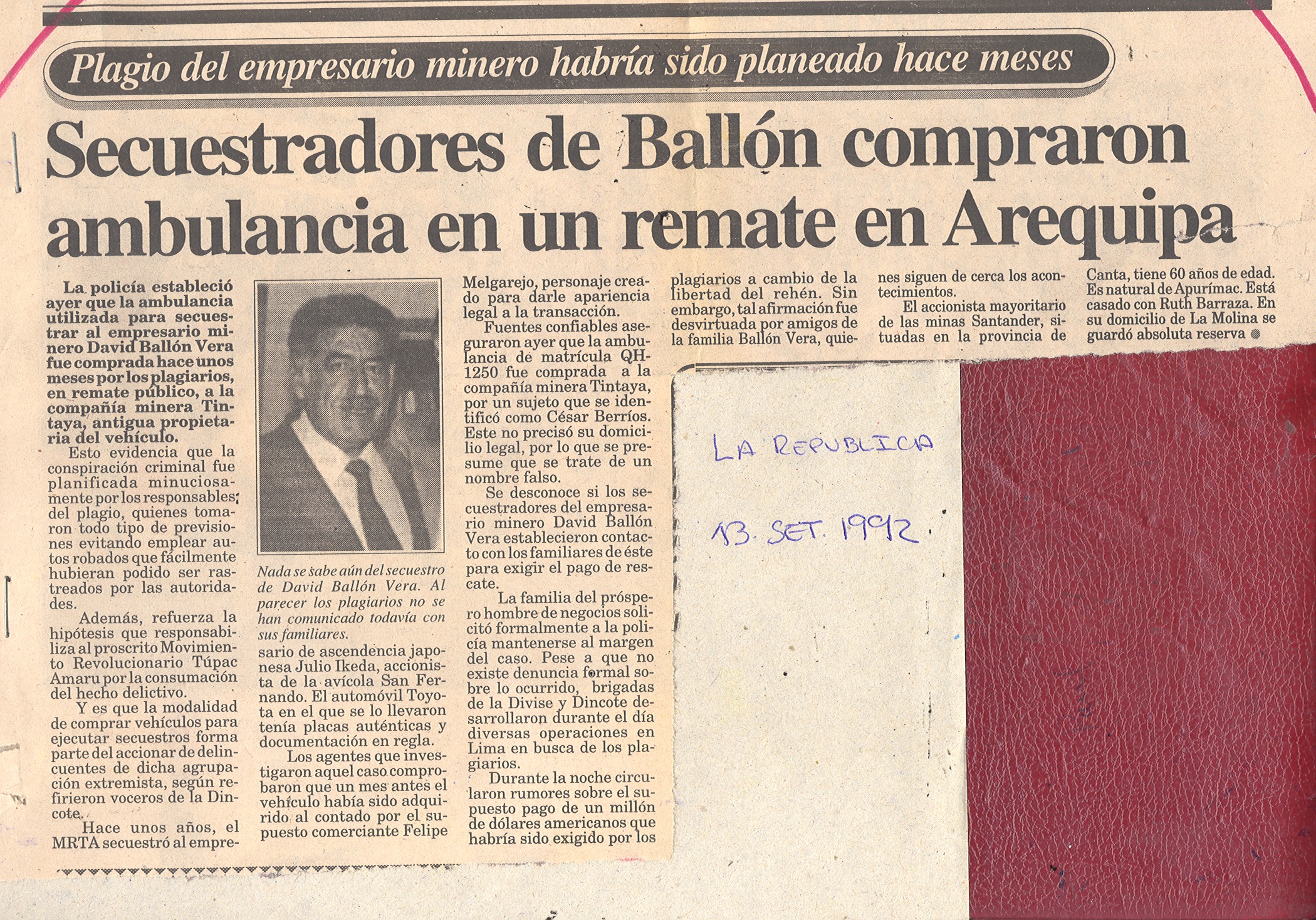 1992 SECUESTRADORES DE BALLON COMPRARON AMBULANCIA