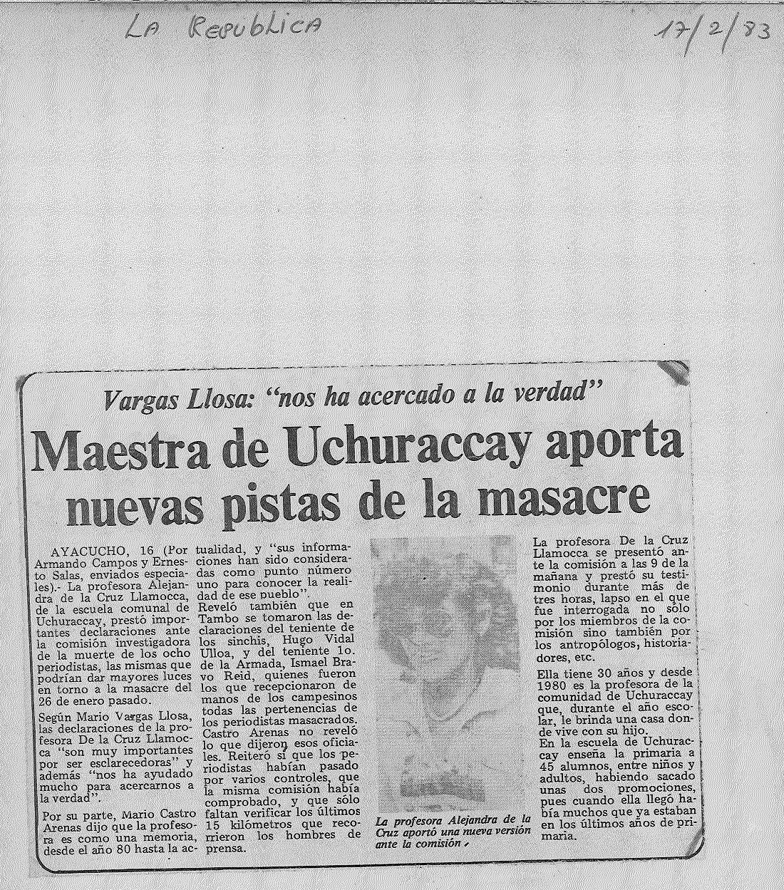 Maestra de Uchuraccay aporta nuevas pistas de la masacre