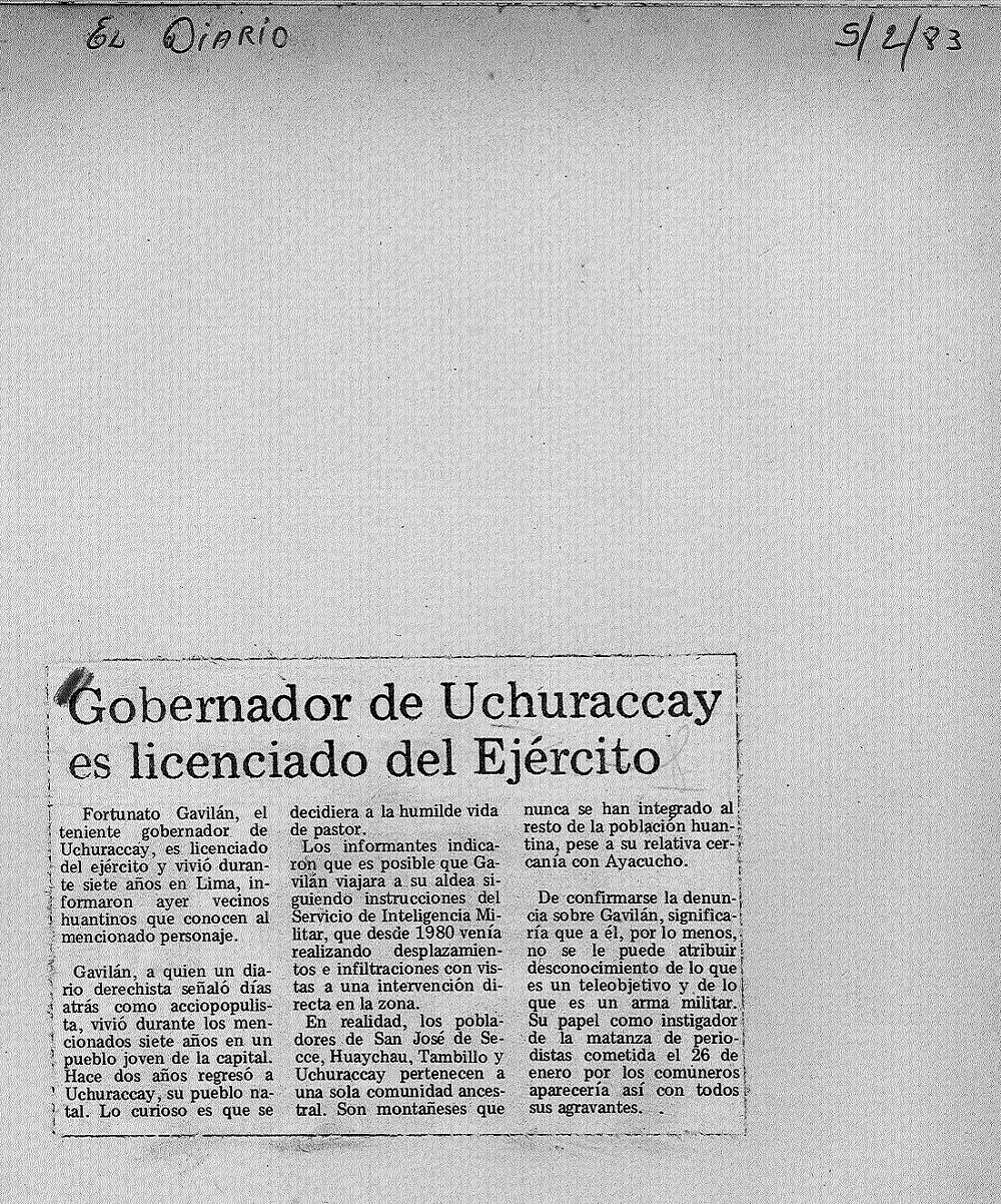 Gobernador de Uchuraccay es licenciado del Ejército