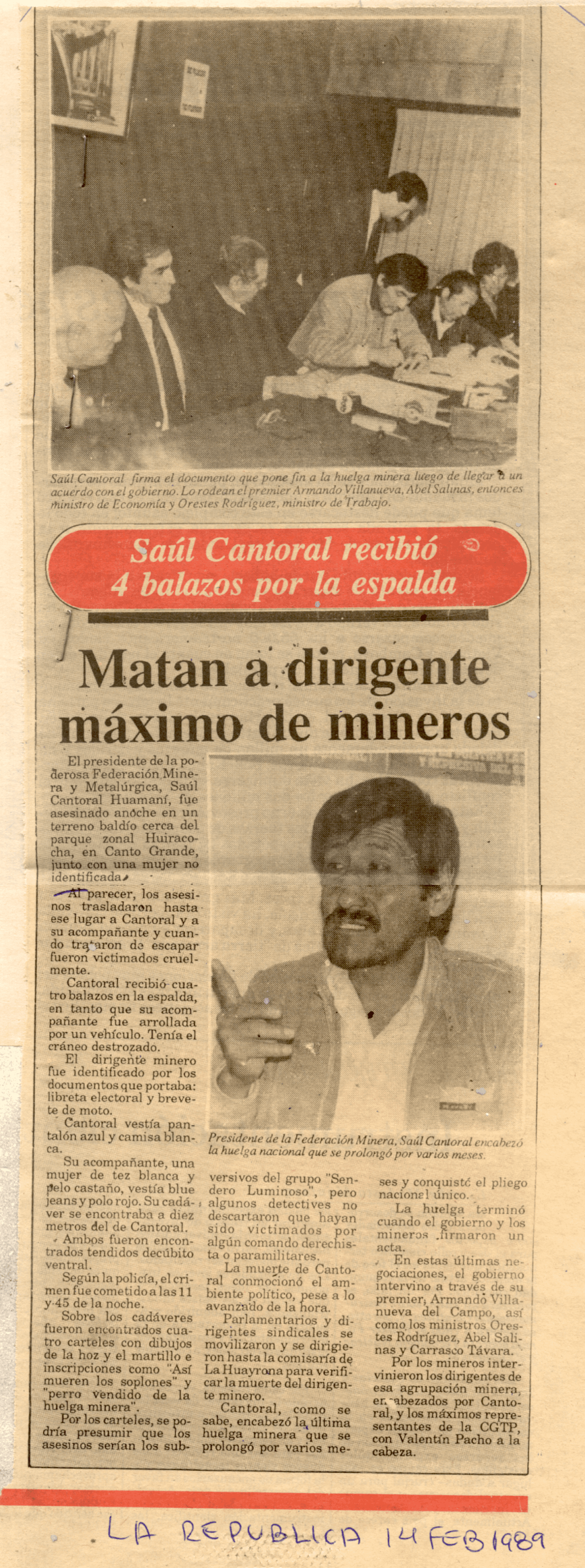 14 FEB - Matan a dirigente máximo de mineros