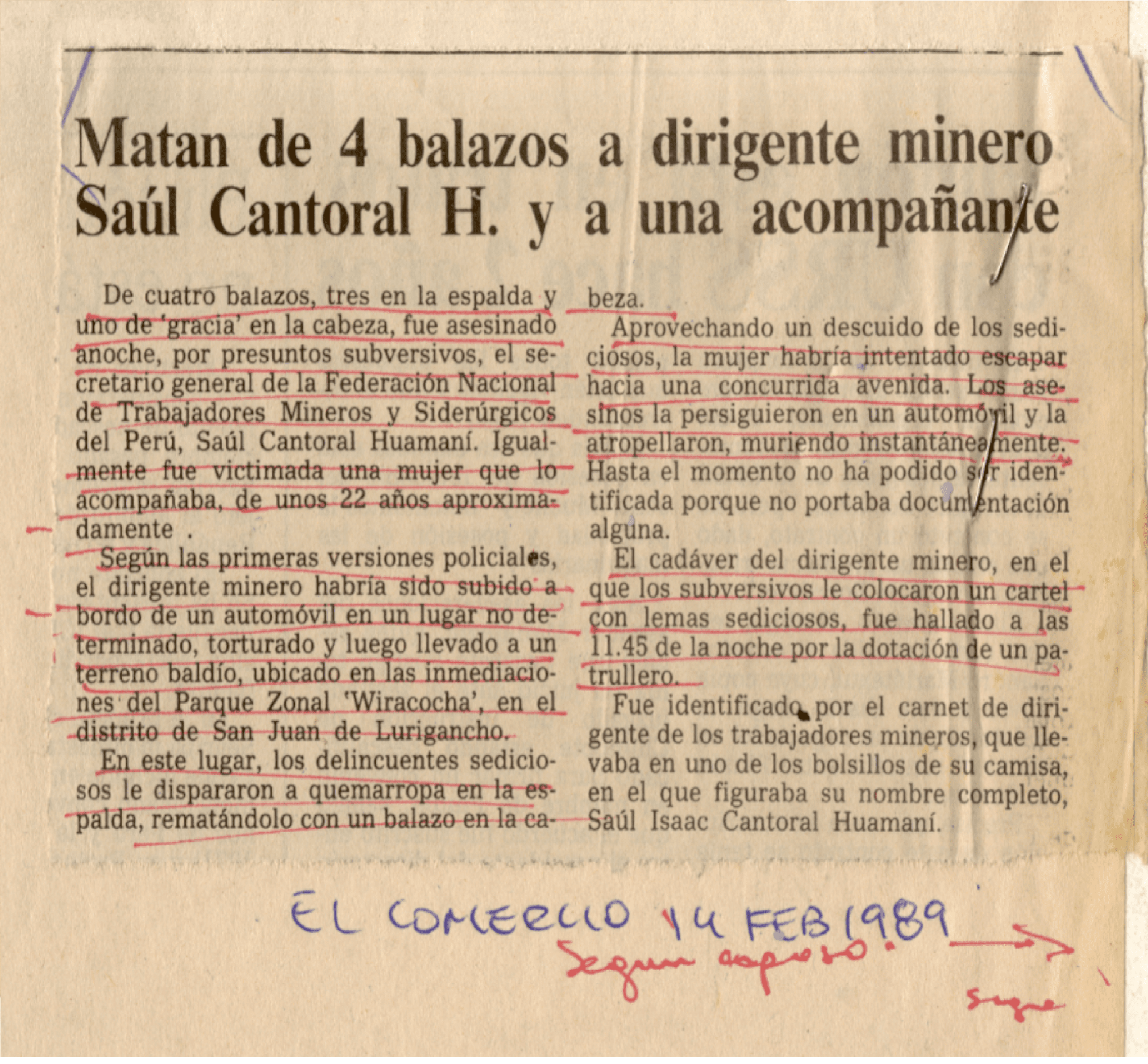 14 FEB - Matan de 4 balazos a dirigente minero