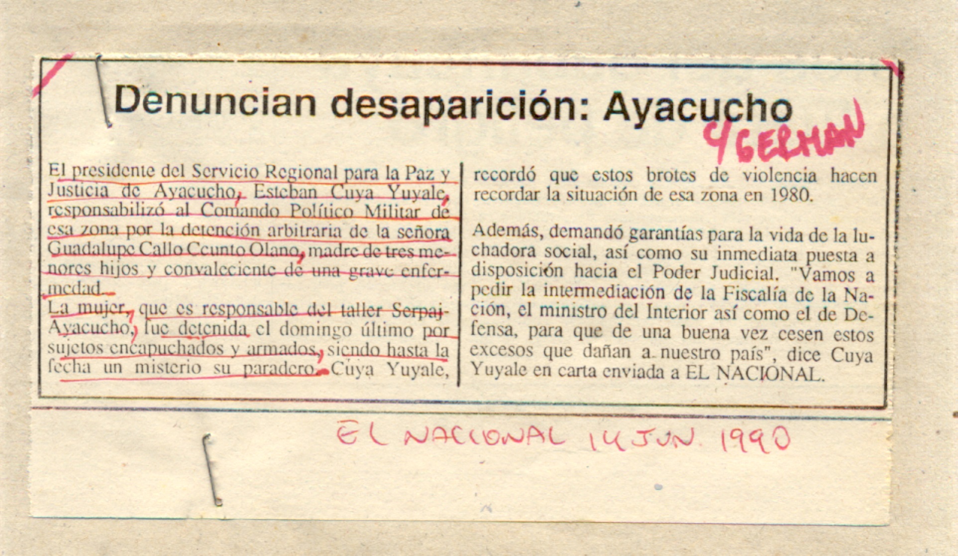 12 JUNIO PRONUNCIAMIENTO POR DESAPARICION DE GUADALUPE CCALLOCUNTO