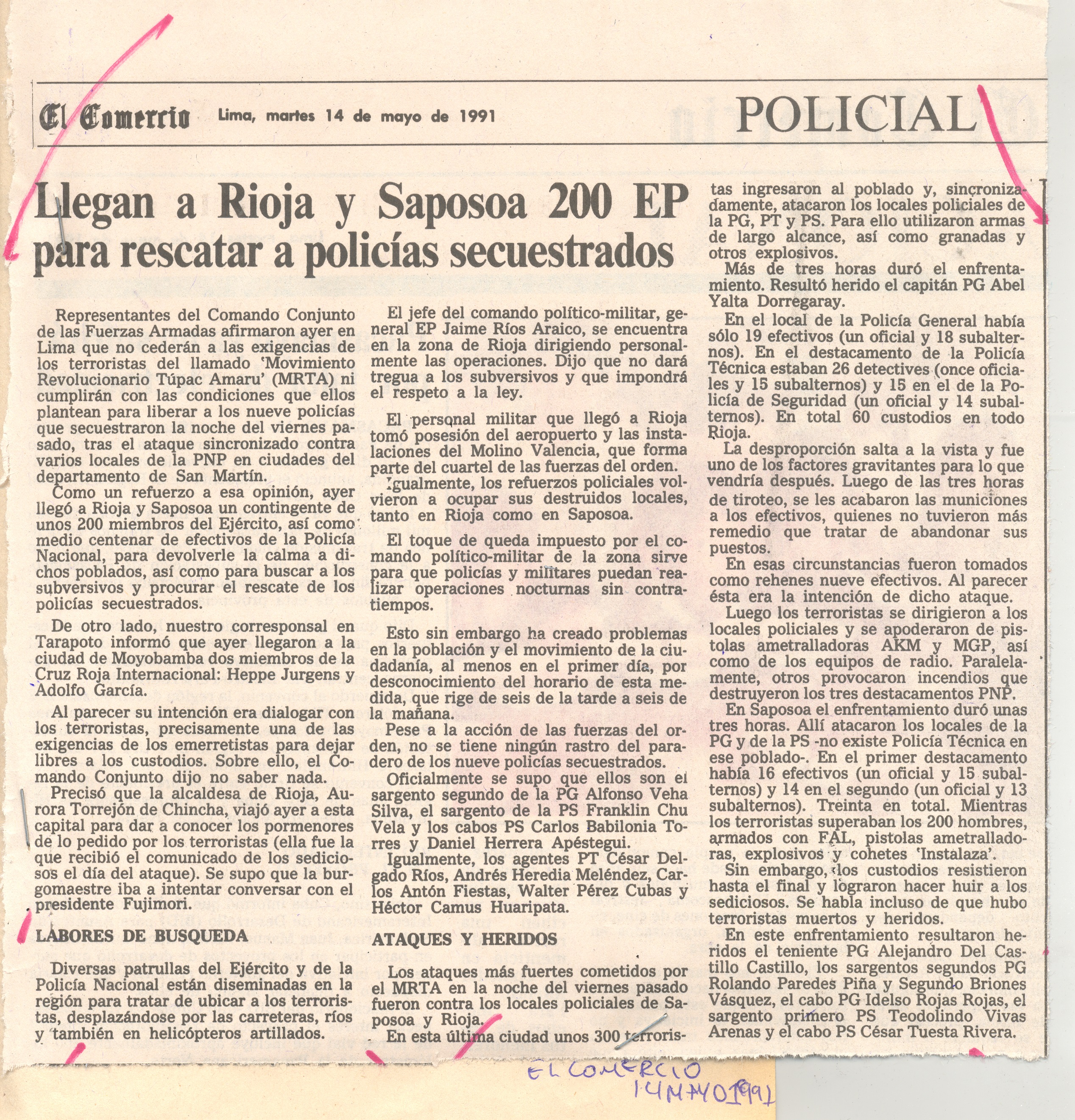 14 MAYO LLEGAN A RIOJA Y SAPOSOA PARA RESCATAR A POLICIAS