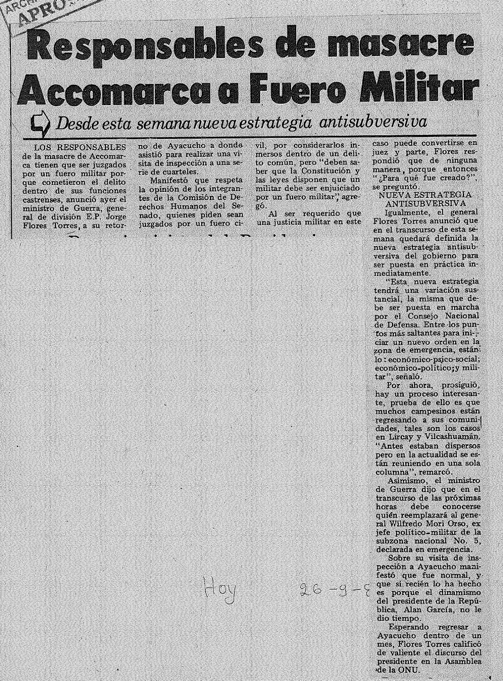 Responsables de masacre Accomarca a Fuero Militar