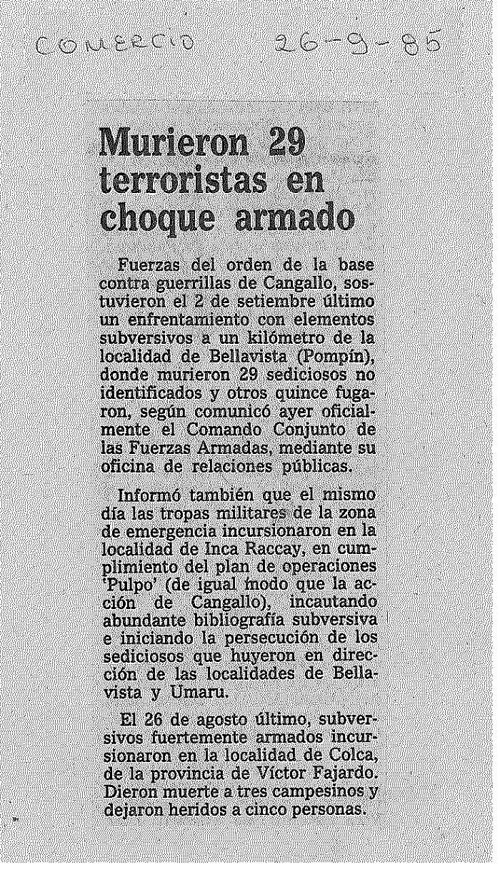 Murieron 29 terroristas en choque armado
