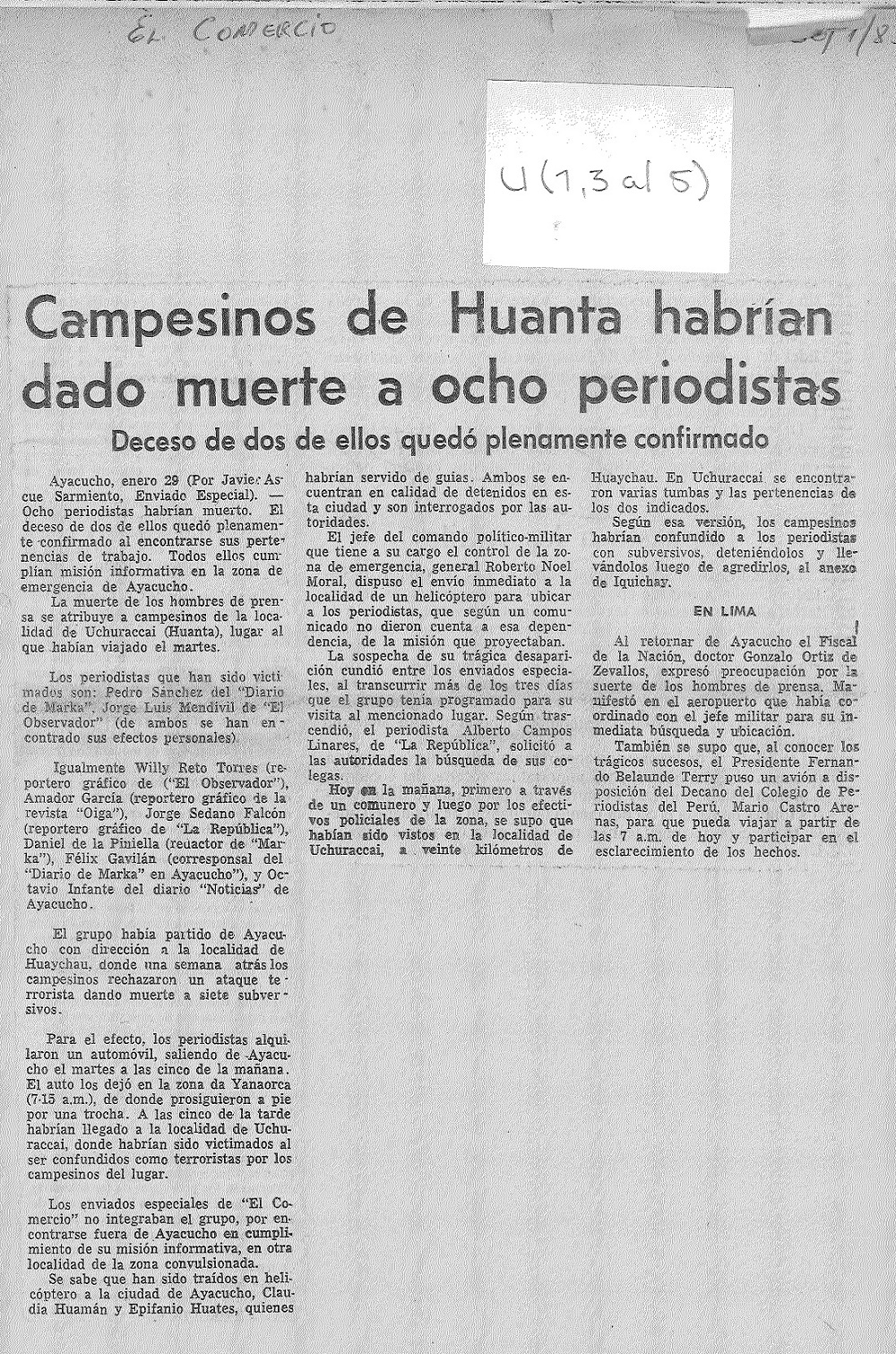 Campesinos de Huanta habrían dado muerte a ocho periodistas