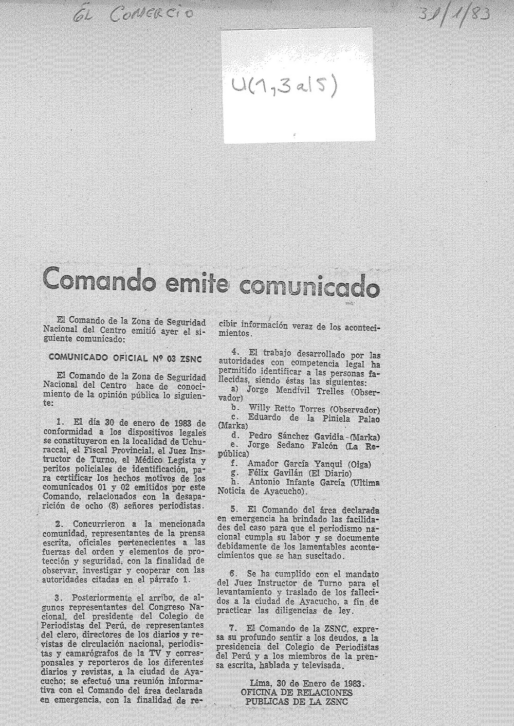 Comando emite comunicado