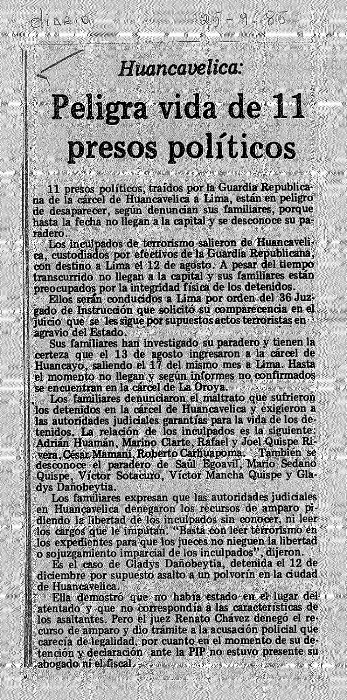 Peligra vida de 11 presos políticos