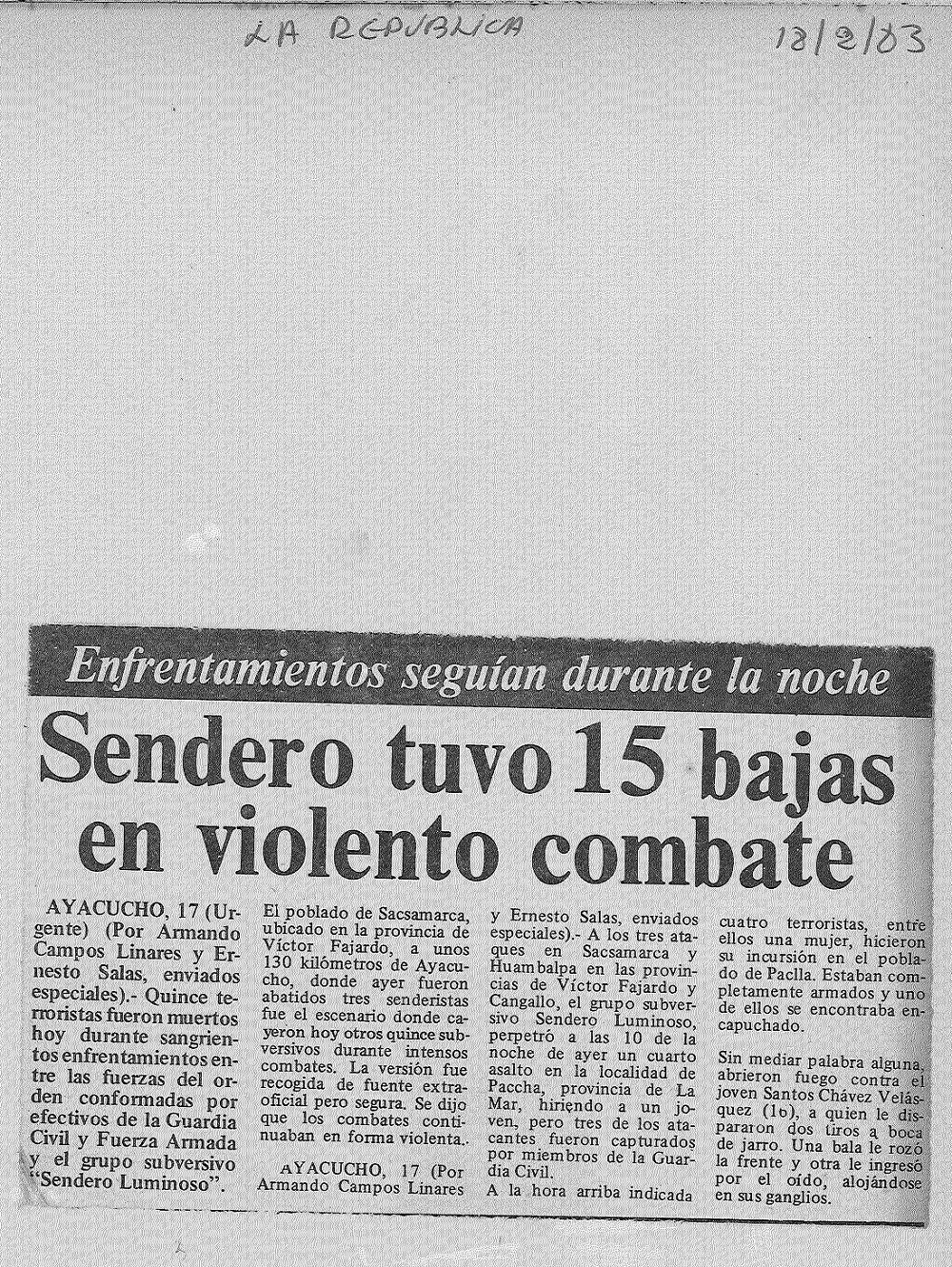 Sendero tuvo 15 bajas en violento combate
