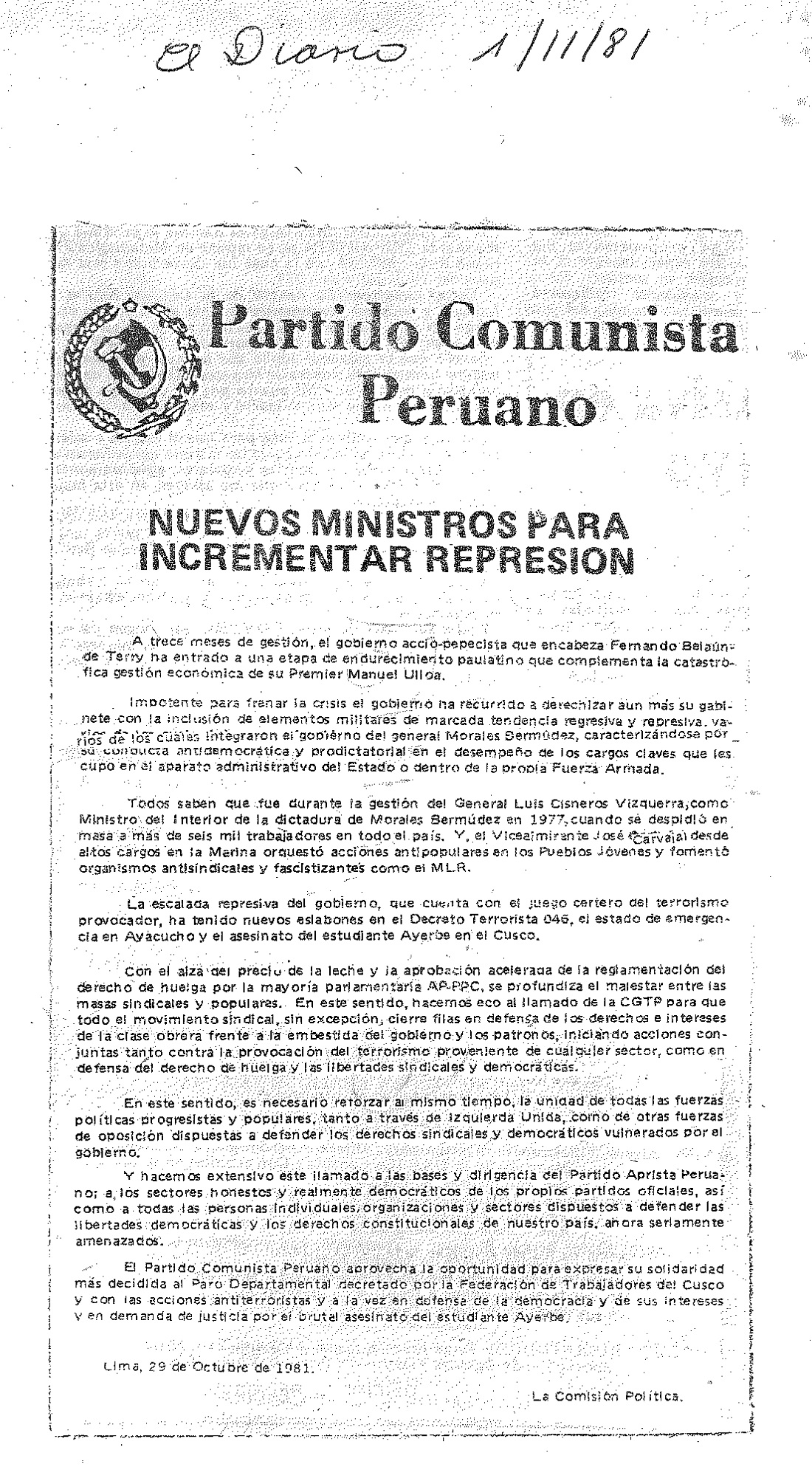 Partido Comunista Peruano: Nuevos Ministros para incrementar represión