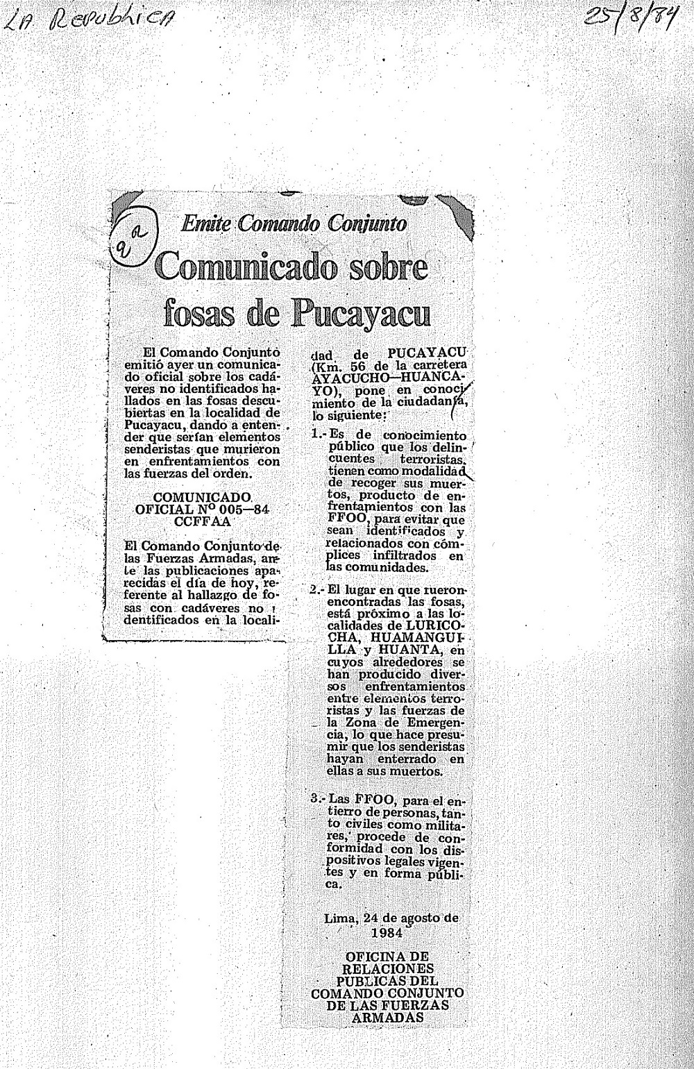 Comunicado sobre fosas de Pucayacu