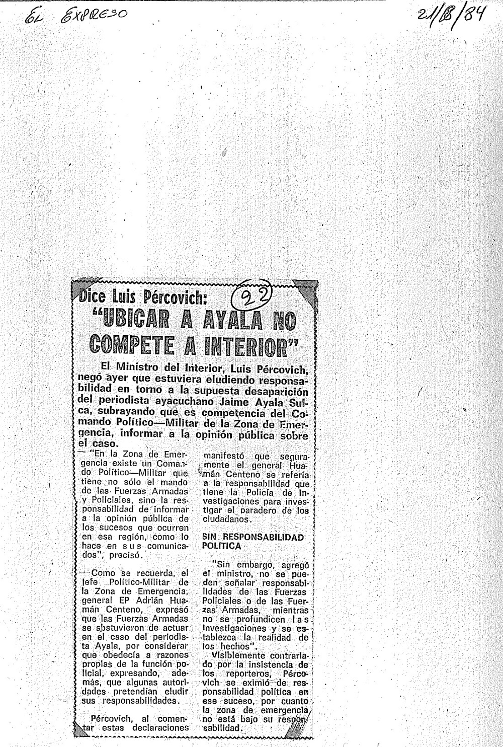 “Ubicar Ayala no compete a interior”