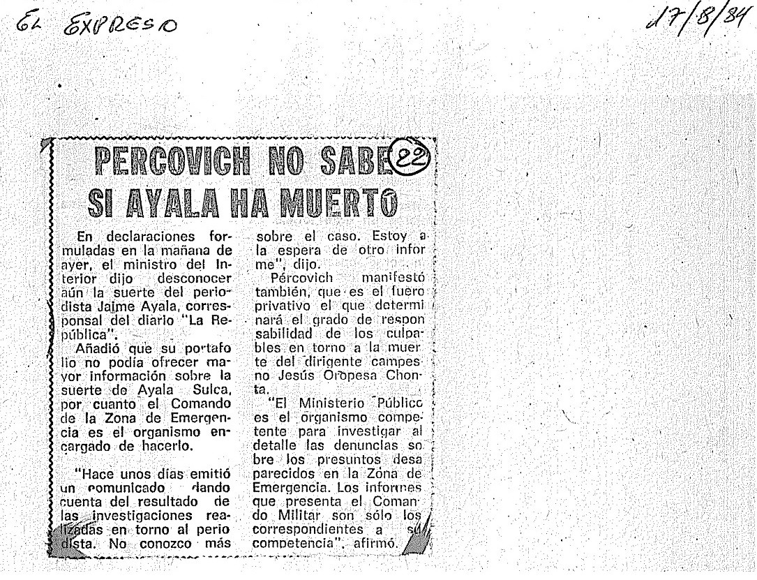 Pércovich no sabe si Ayala ha muerto