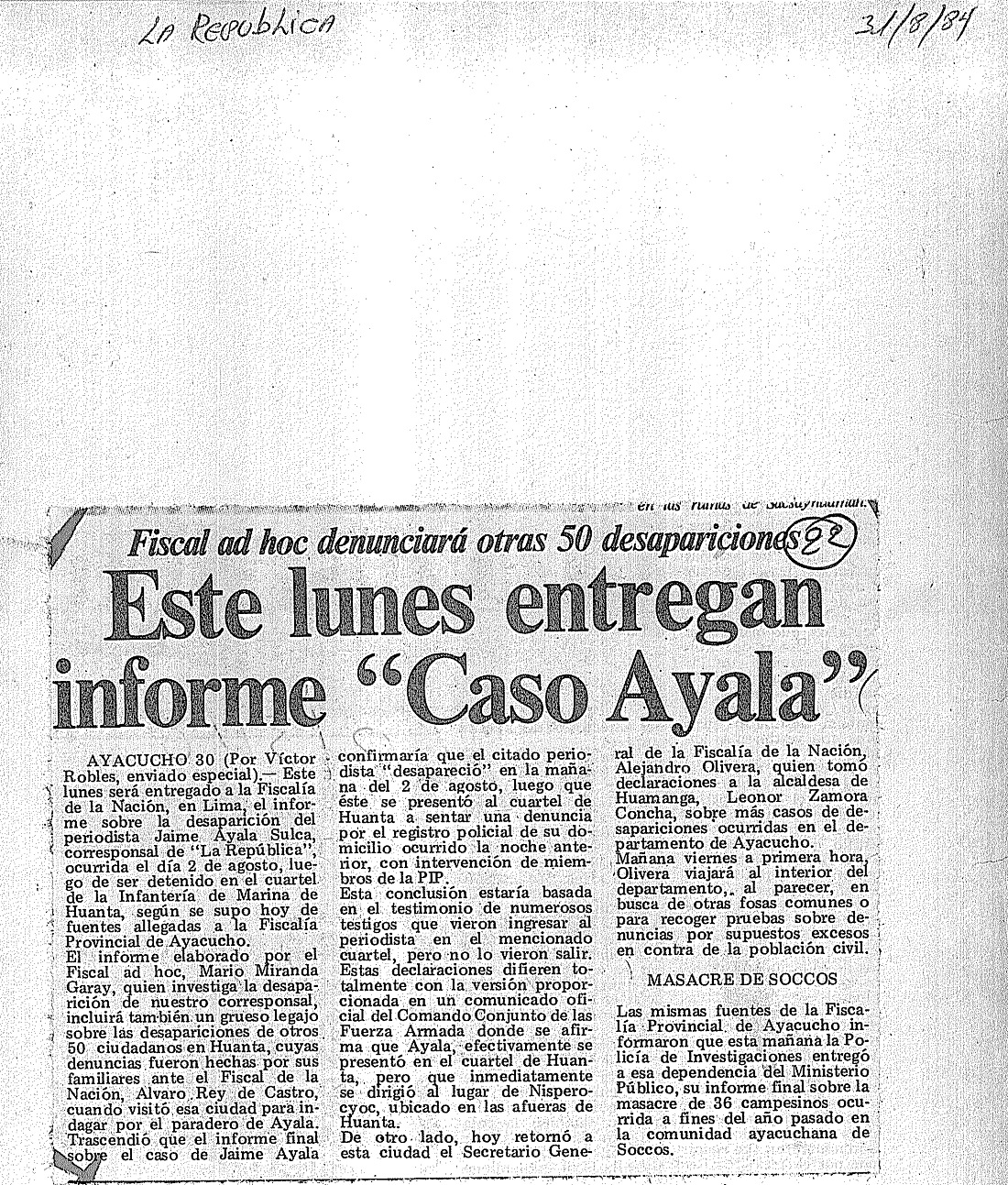 Este lunes entregan informe “Caso Ayala”