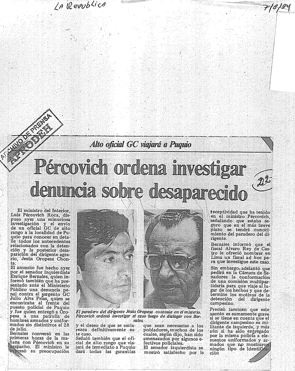 Pércovich ordena investigar denuncia sobre desaparecido