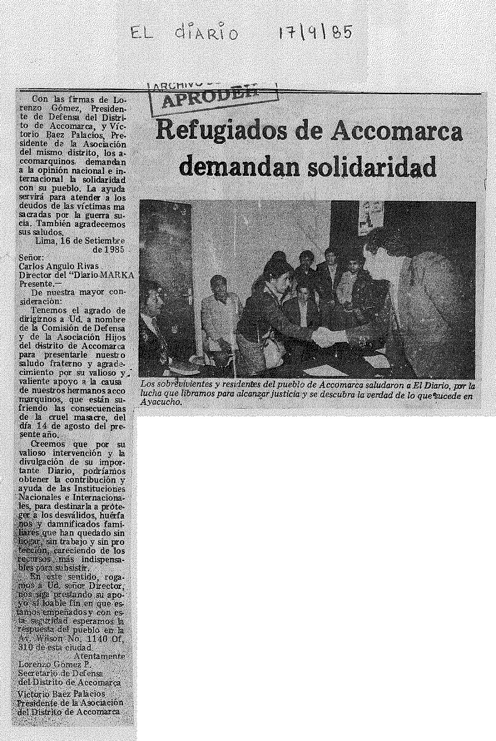 Refugiados de Accomarca demandan solidaridad