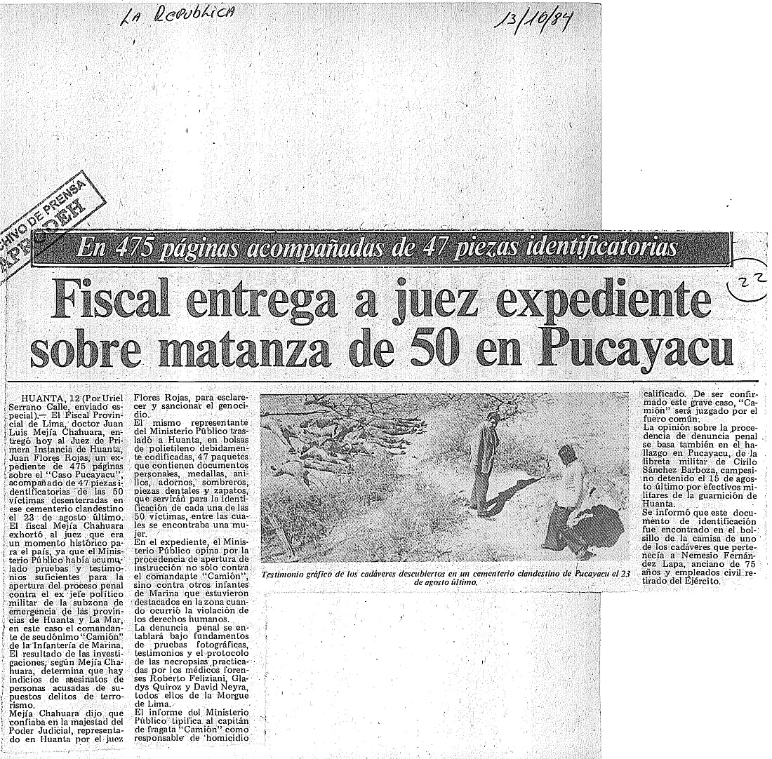 Fiscal entrega a juez expediente sobre matanza de 50 en Pucayacu