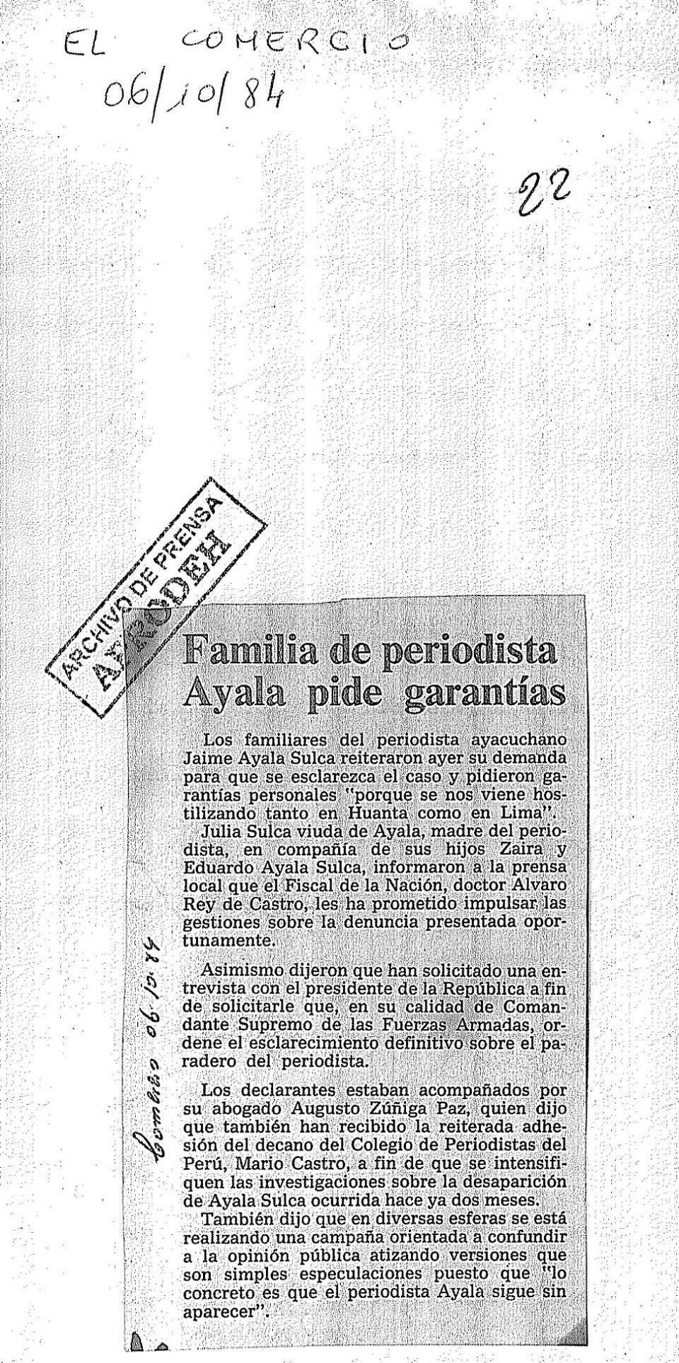 Familia de periodista Ayala pide garantías